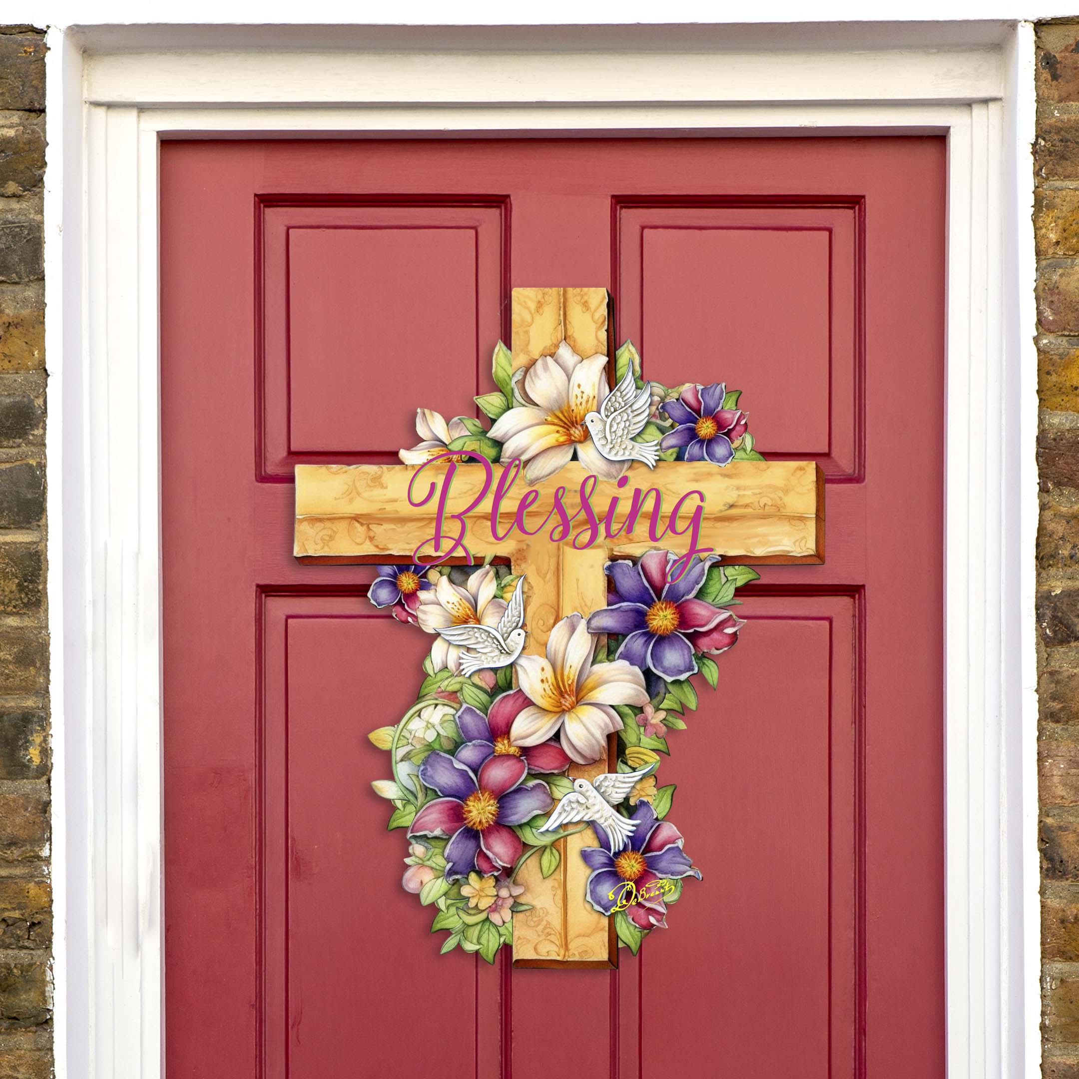 Floral Dove Blessing Cross Holiday Door Decor by G. Debrekht - Easter Spring Decor - 8688163H
