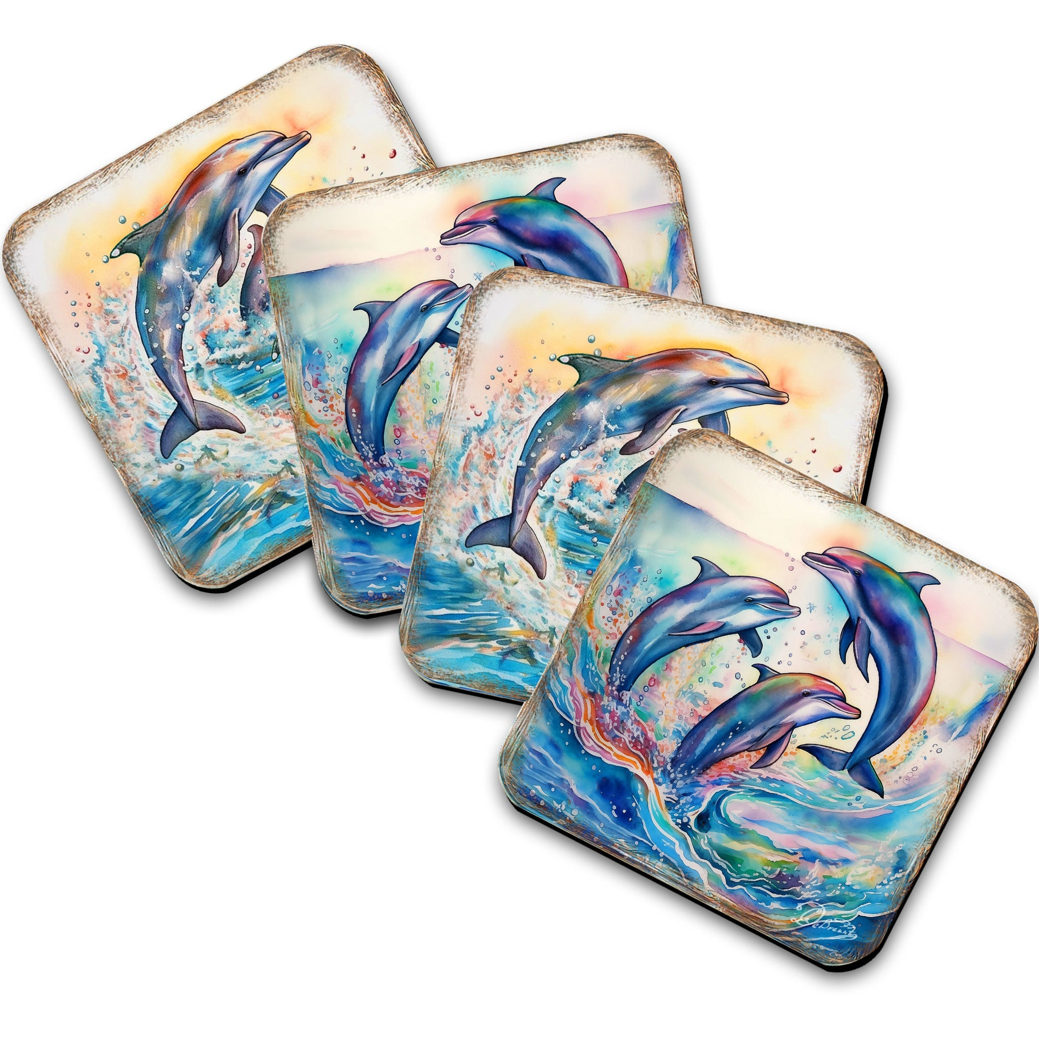 Dolphins Wooden Cork Coasters Gift Set of 4 by G. Debrekht - Coastal Holiday Decor  - 8199450-3C-S4