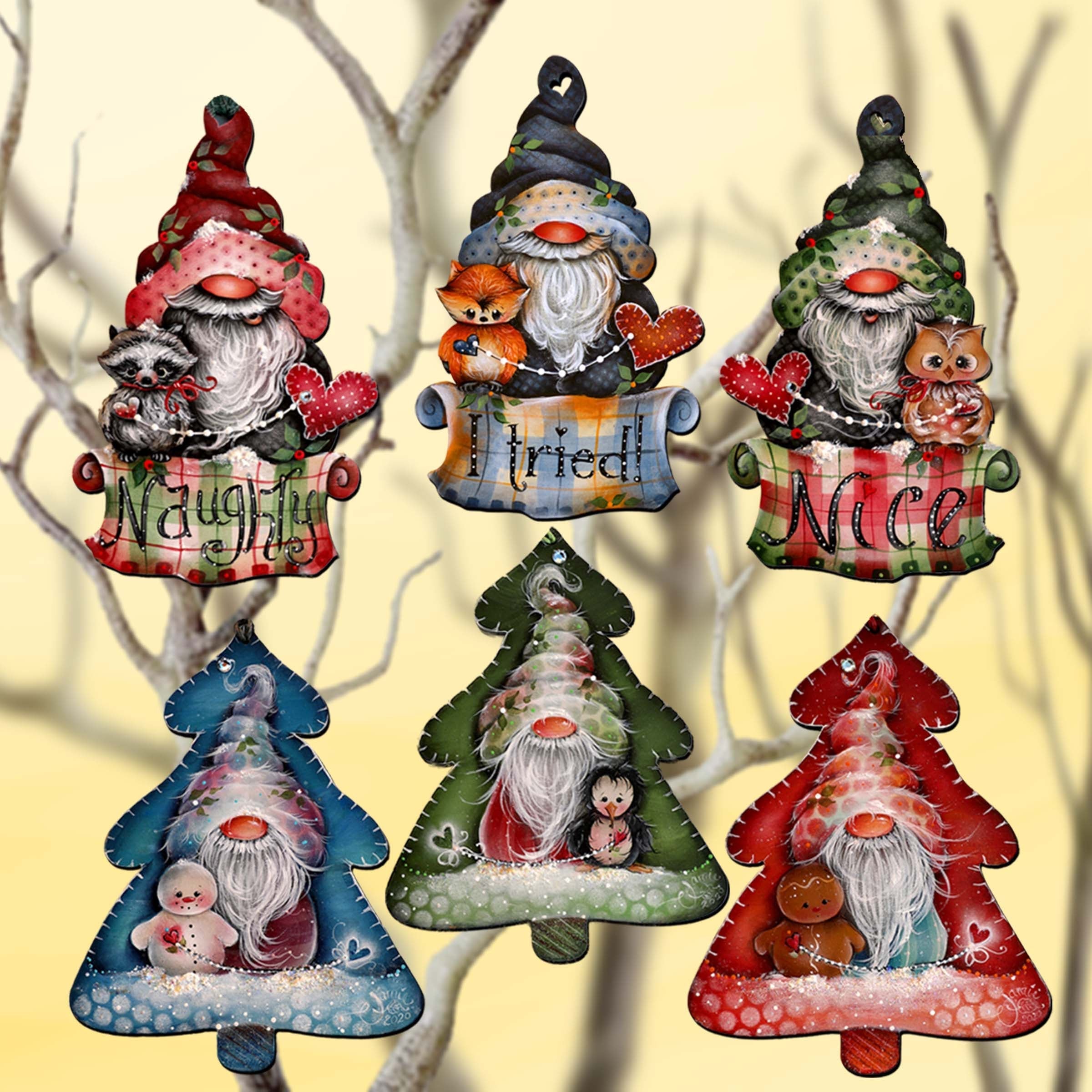 Christmas Gnomes Decorative Wooden Clip-on Ornaments Set of 6 by Jamie Mills-Price - Christmas Decor - 8090049C-MP-S6