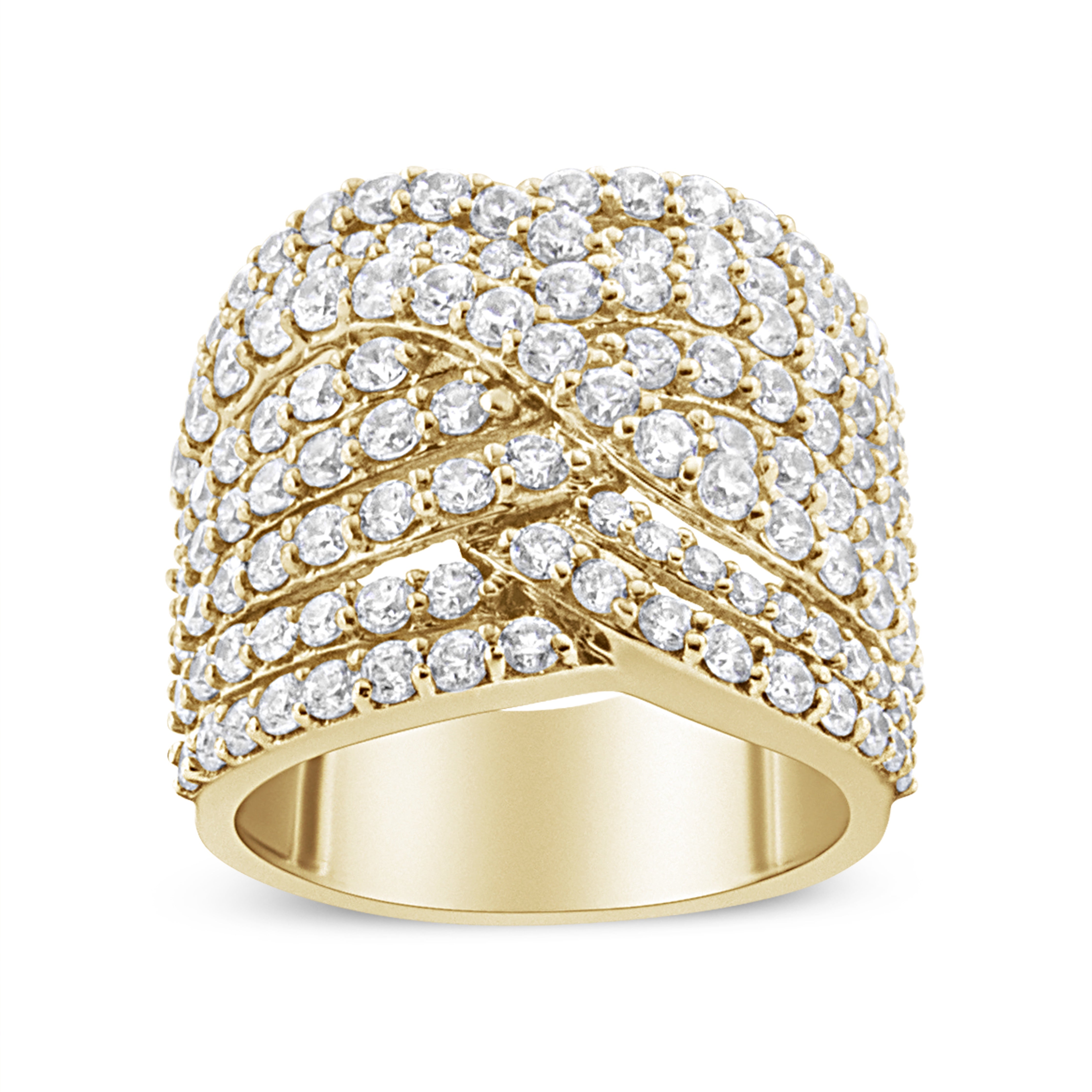 10K Yellow Gold 3.0 Cttw Diamond Eight-Row Bypass Crossover Statement Band Ring (H-I Color, I2-I3 Clarity) - Size 6