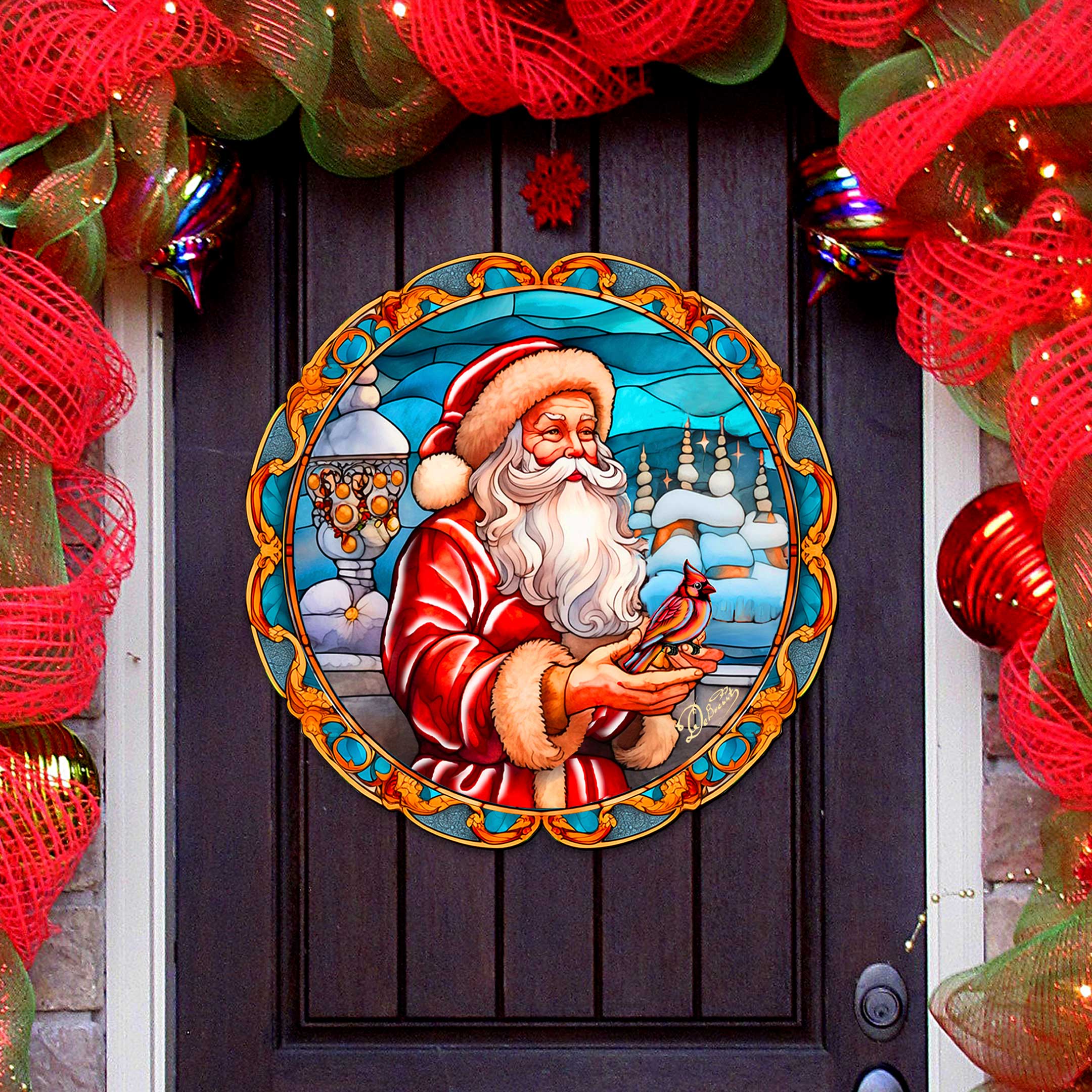 Santa with Red Cardinal Holiday Door Decor by G. Debrekht - Santa Snowman Decor - 8652807H