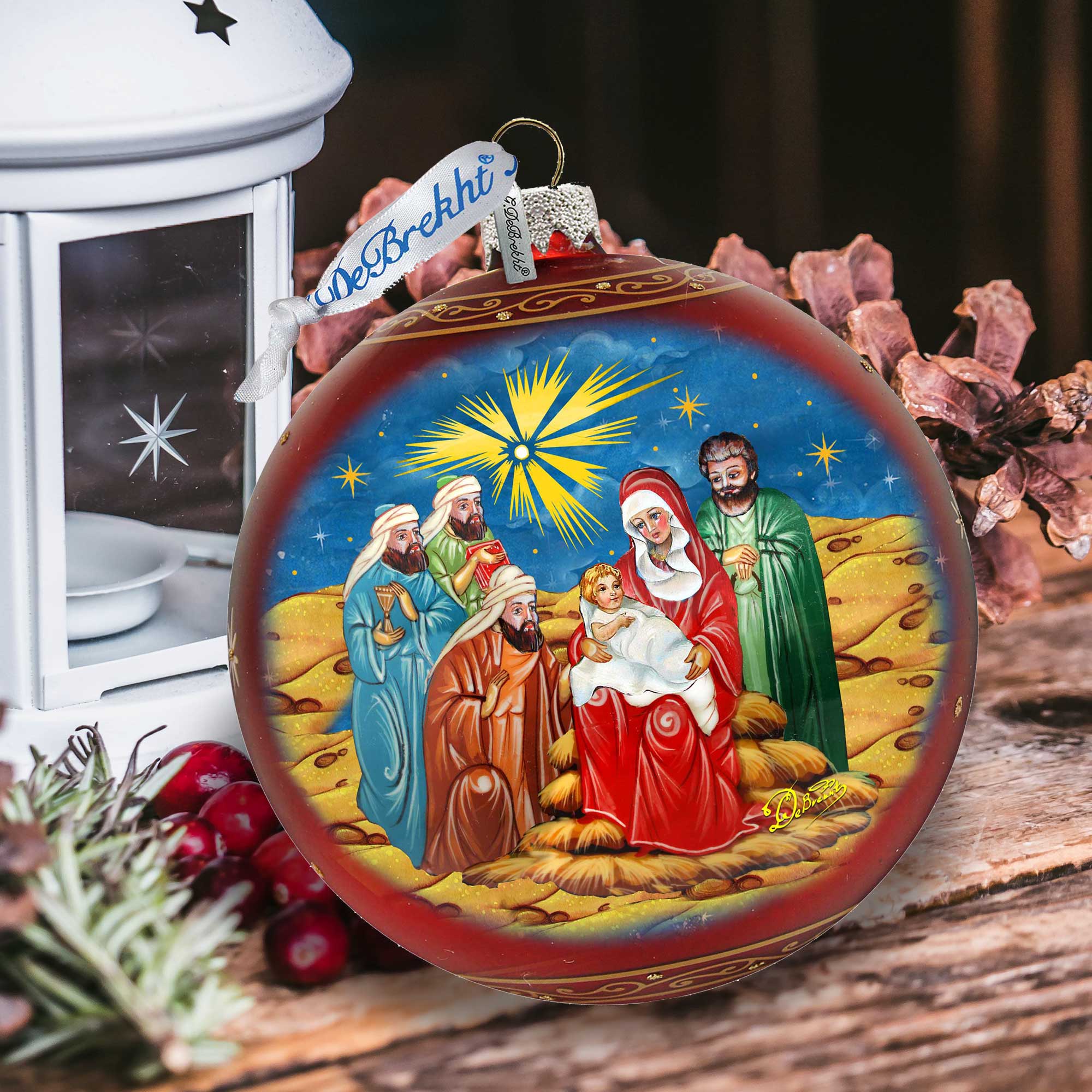 Holy Family and Three Kings Lg Glass Ornament in Red by G.DeBrekht - Christmas Decor - 73920R
