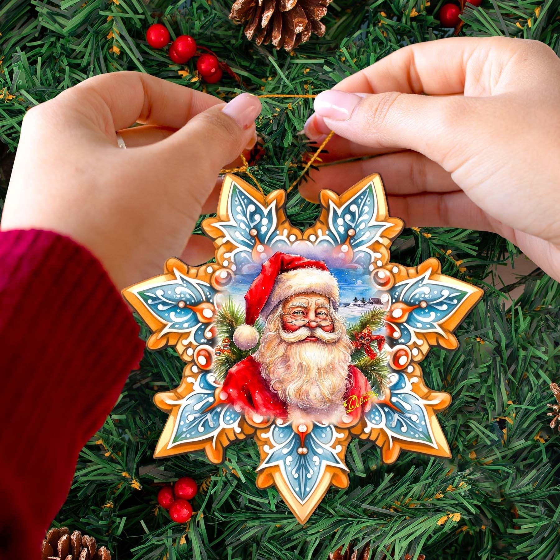 Santa Snowflake Wooden Ornaments by G. Debrekht - Christmas Santa Snowman Decor - 8688422
