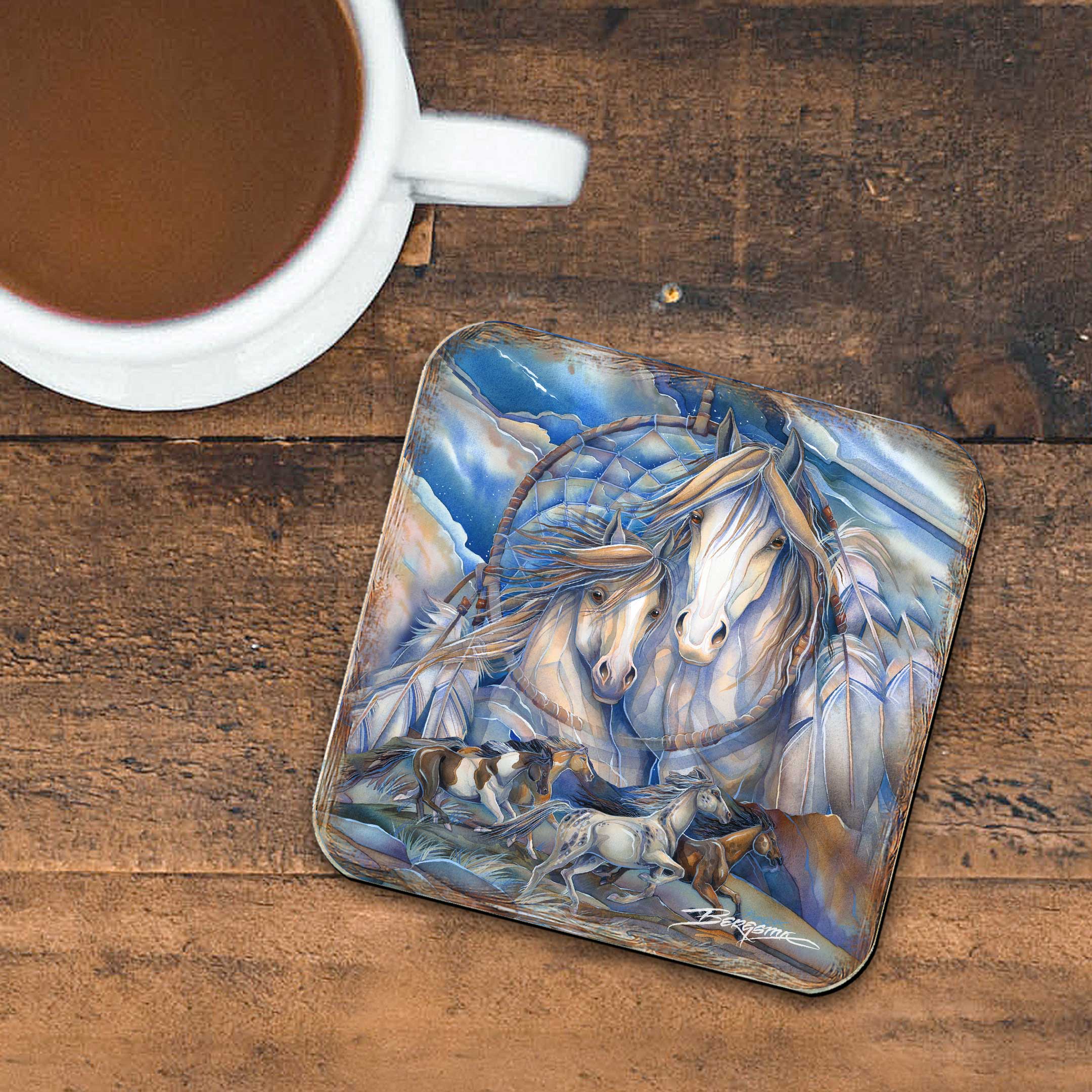 Mustangs Dream Catcher Wooden Cork Coasters Gift Set of 4 by J. Bergsma - Wildlife Decor  - 8199469C-S4