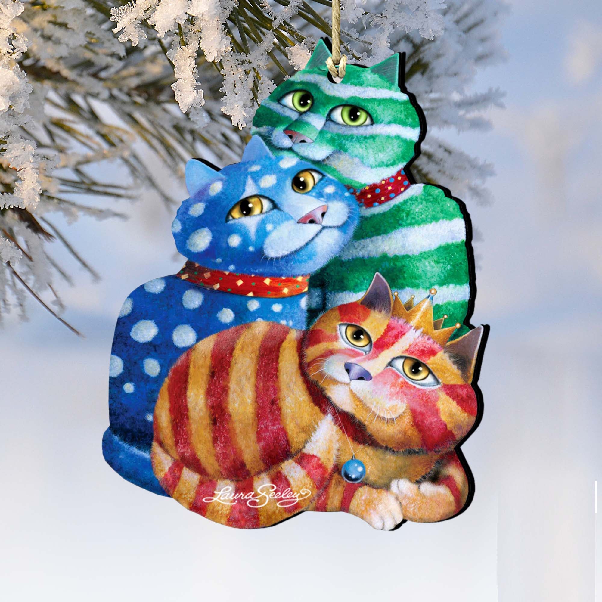 Gift Wrapped Cat Wooden Ornaments by Laura Seeley - Pets Dog and Cats Decor - 8512066-LS