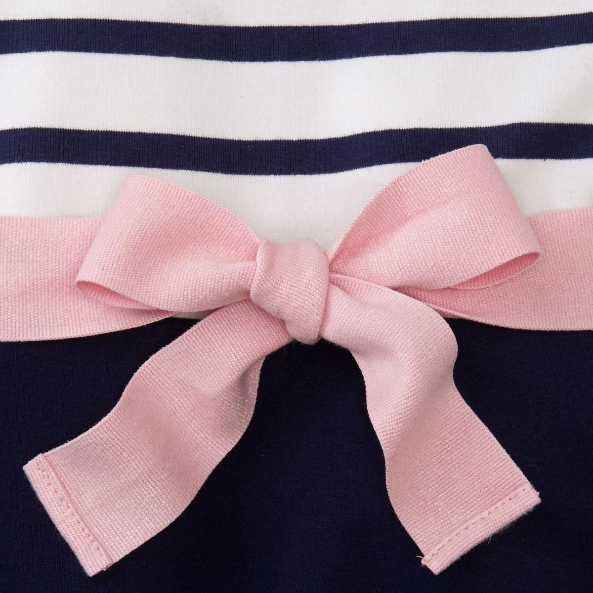 Lightweight Blocked Organic Skater Dress - Navy with Light Pink Ribbon