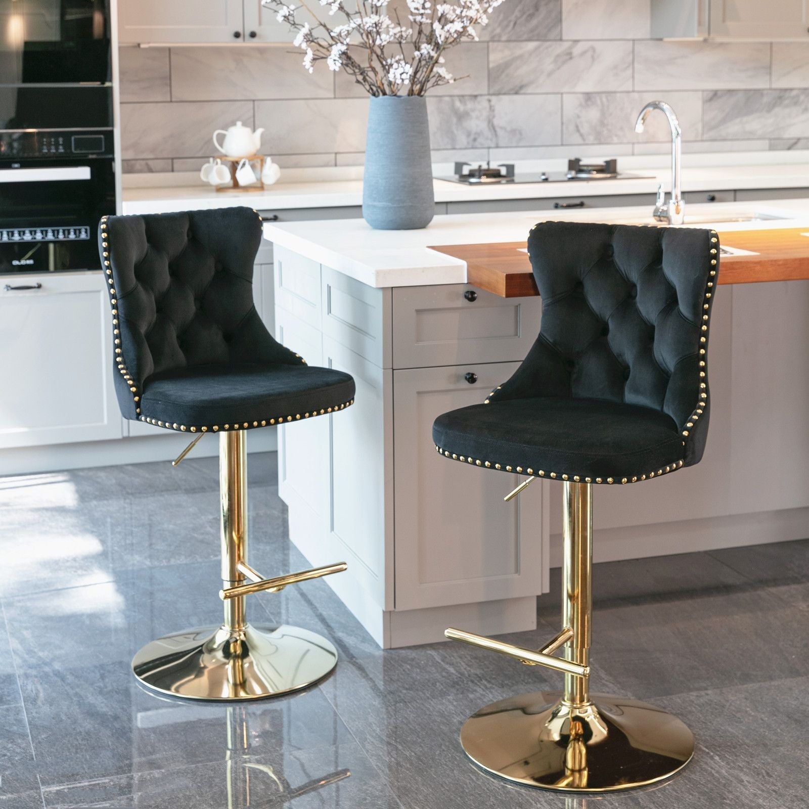 A&A Furniture,Golden Swivel Velvet Barstools Adjusatble Seat Height from 25-33 Inch, Modern Upholstered Bar Stools with Backs Comfortable Tufted for Home Pub and Kitchen Island(Black,Set of 2)