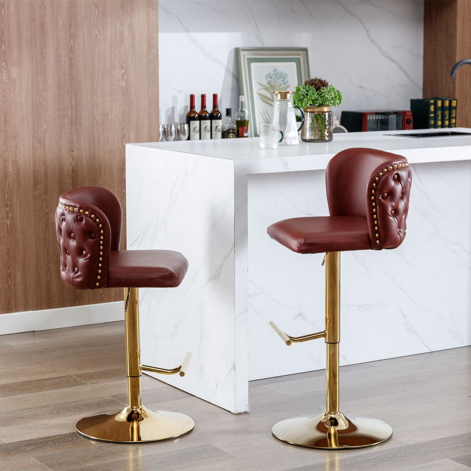 A&A Furniture,Swivel Barstools Adjusatble Seat Height, Modern PU Upholstered Bar Stools with the whole Back Tufted, for Home Pub and Kitchen Island(Wine Red, Burgundy, Set of 2)