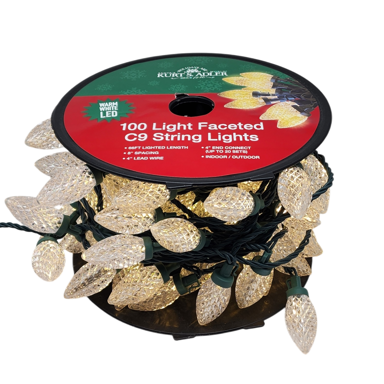 100-Light Warm White LED Faceted C9 Green Wire String Lights