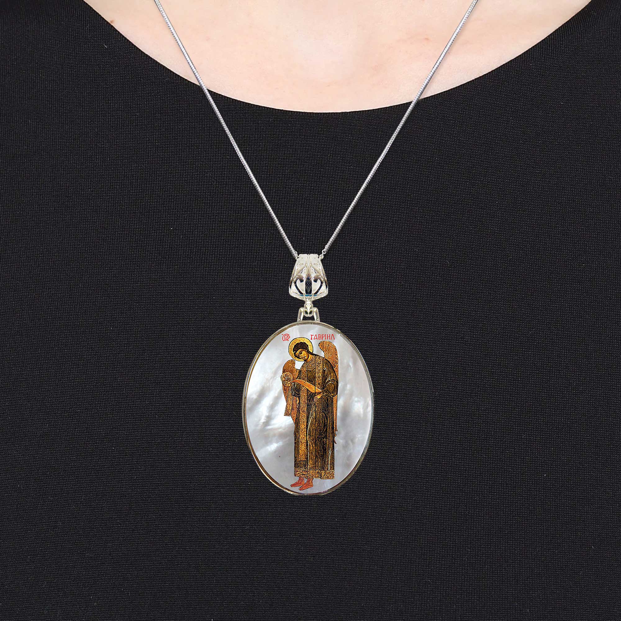 Archangel Saint Gabriel Silver Plated Mother of Pearl Jewelry Necklace - 43041