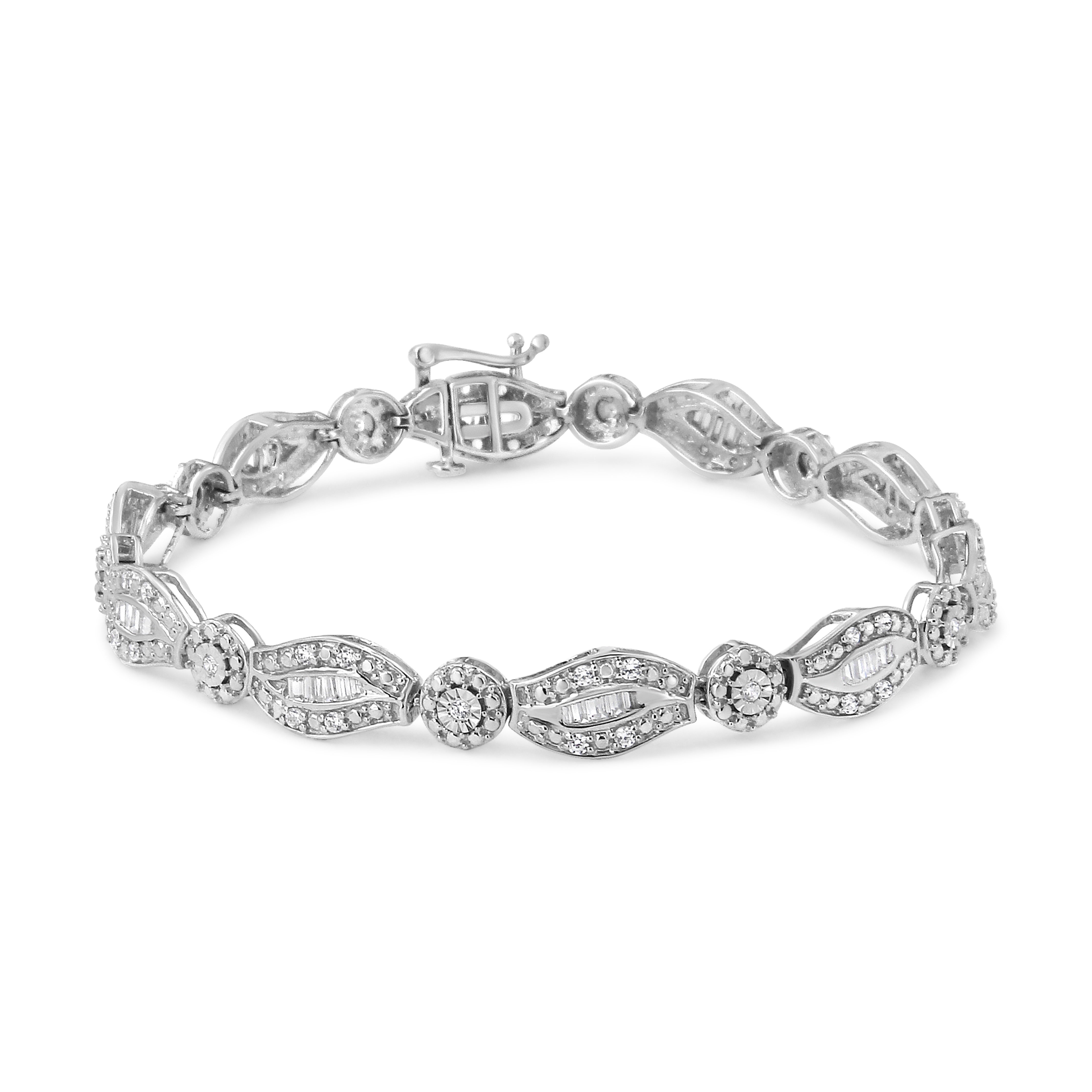 .925 Sterling Silver 1 Cttw Diamond Double Leaf And Bezel Link Bracelet (I-J Clarity, I2-I3 Color) - Size 7.25"