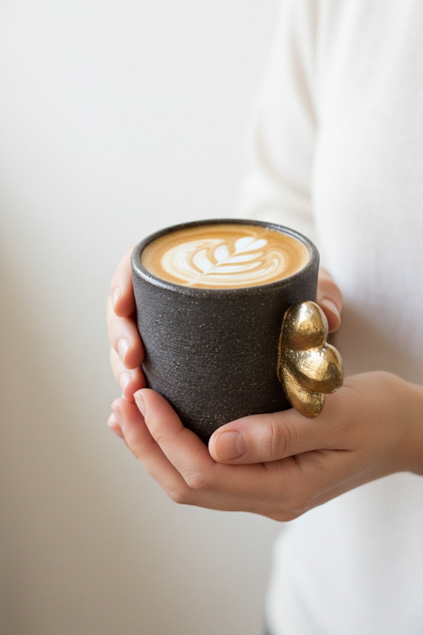Handmade Stoneware Coffee Cup "Pumpernickel" with Gold Wing