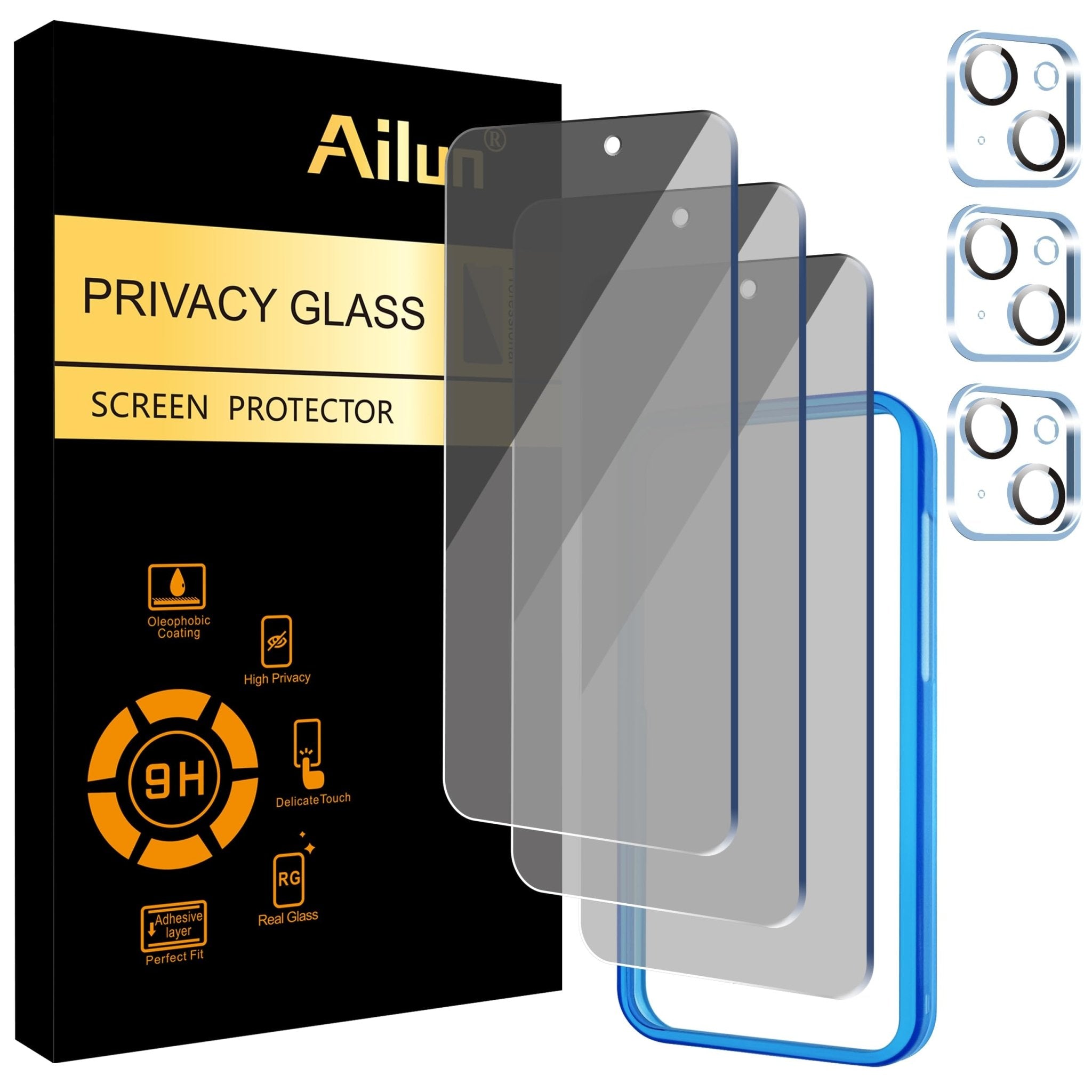 Ailun 3 Pack Privacy Screen Protector for iPhone 16 Pro Max [6.9 inch]+ 3 Pack Camera Lens Protector,Dynamic Island Compatible,Anti Spy Tempered Glass[9H Hardness]-HD