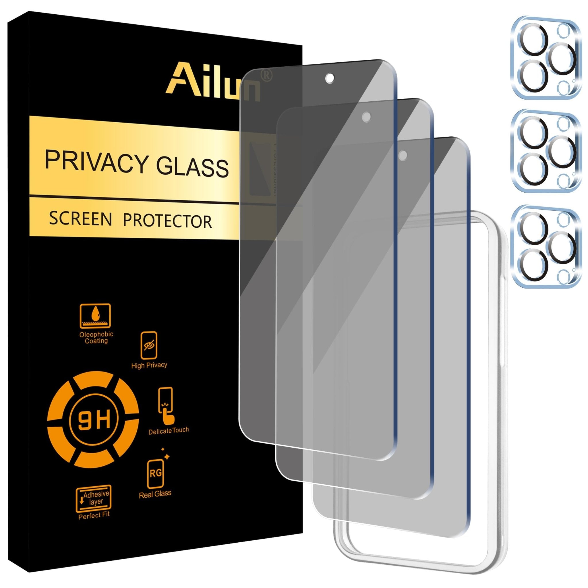 Ailun 3 Pack Privacy Screen Protector for iPhone 16 Pro Max [6.9 inch]+ 3 Pack Camera Lens Protector,Dynamic Island Compatible,Anti Spy Tempered Glass[9H Hardness]-HD