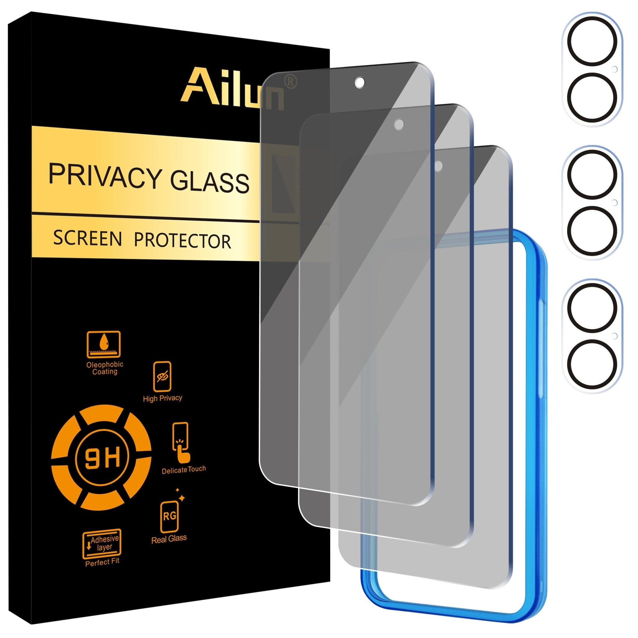 Ailun 3 Pack Privacy Screen Protector for iPhone 16 Pro Max [6.9 inch]+ 3 Pack Camera Lens Protector,Dynamic Island Compatible,Anti Spy Tempered Glass[9H Hardness]-HD