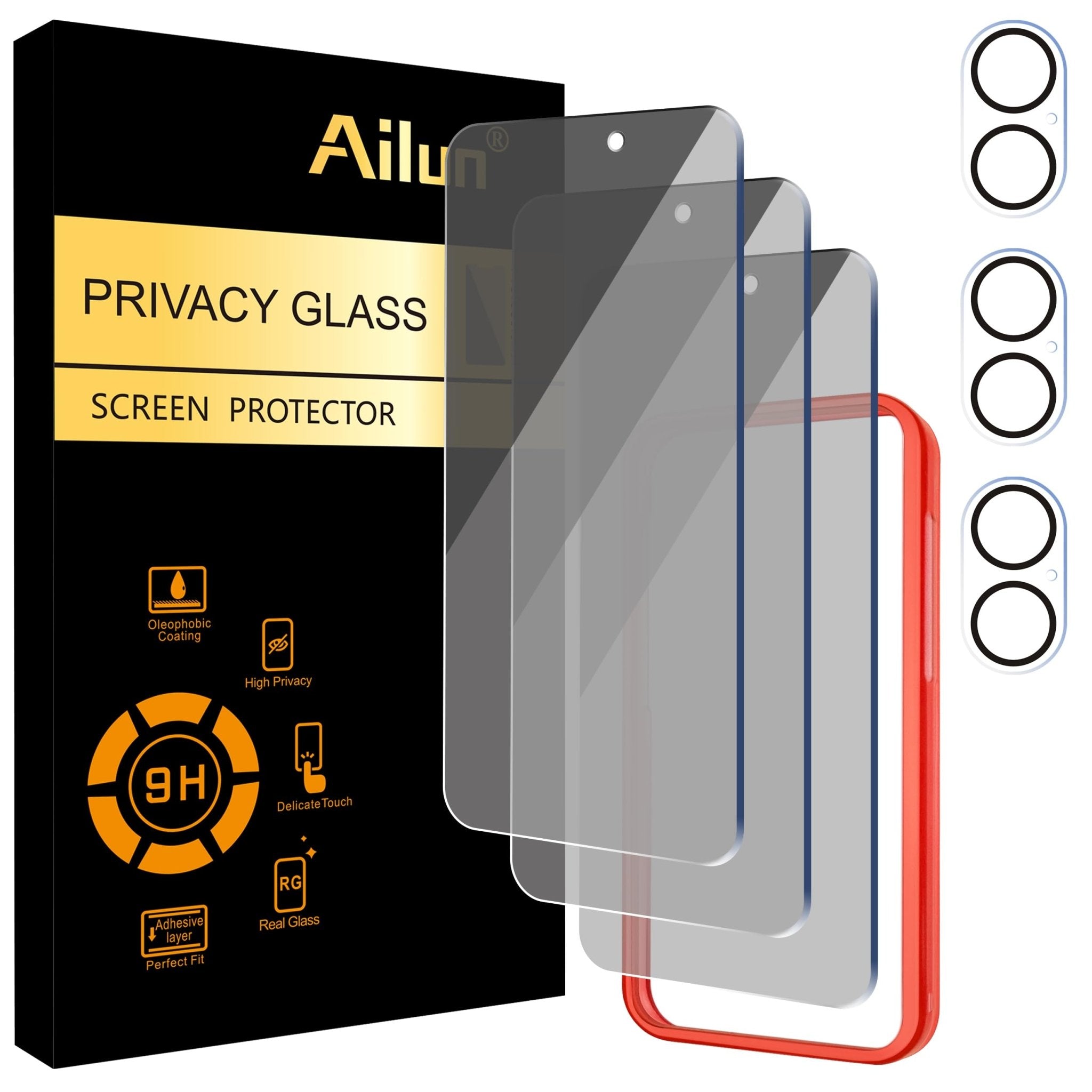 Ailun 3 Pack Privacy Screen Protector for iPhone 16 Pro Max [6.9 inch]+ 3 Pack Camera Lens Protector,Dynamic Island Compatible,Anti Spy Tempered Glass[9H Hardness]-HD
