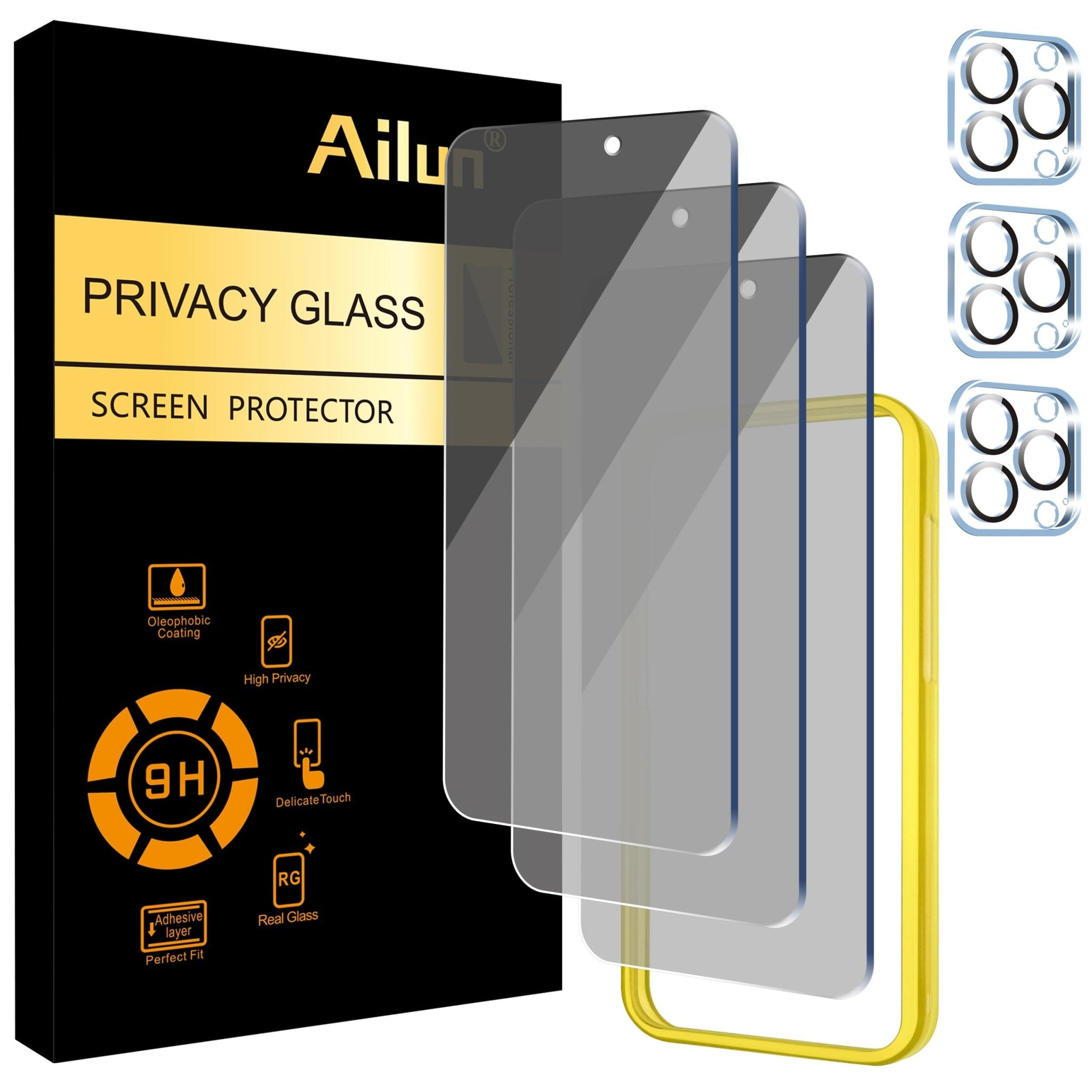 Ailun 3 Pack Privacy Screen Protector for iPhone 16 Pro Max [6.9 inch]+ 3 Pack Camera Lens Protector,Dynamic Island Compatible,Anti Spy Tempered Glass[9H Hardness]-HD
