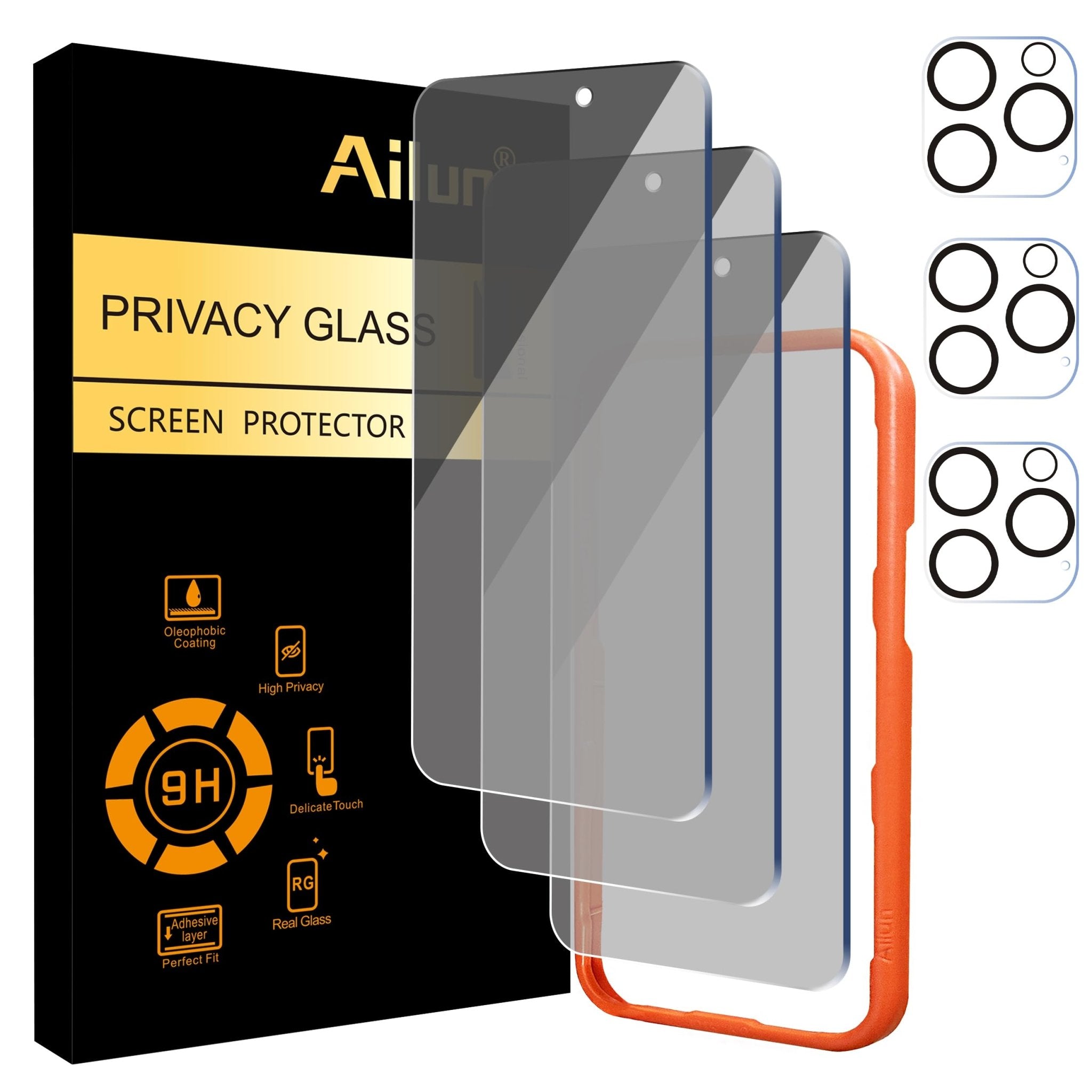 Ailun 3 Pack Privacy Screen Protector for iPhone 16 Pro Max [6.9 inch]+ 3 Pack Camera Lens Protector,Dynamic Island Compatible,Anti Spy Tempered Glass[9H Hardness]-HD