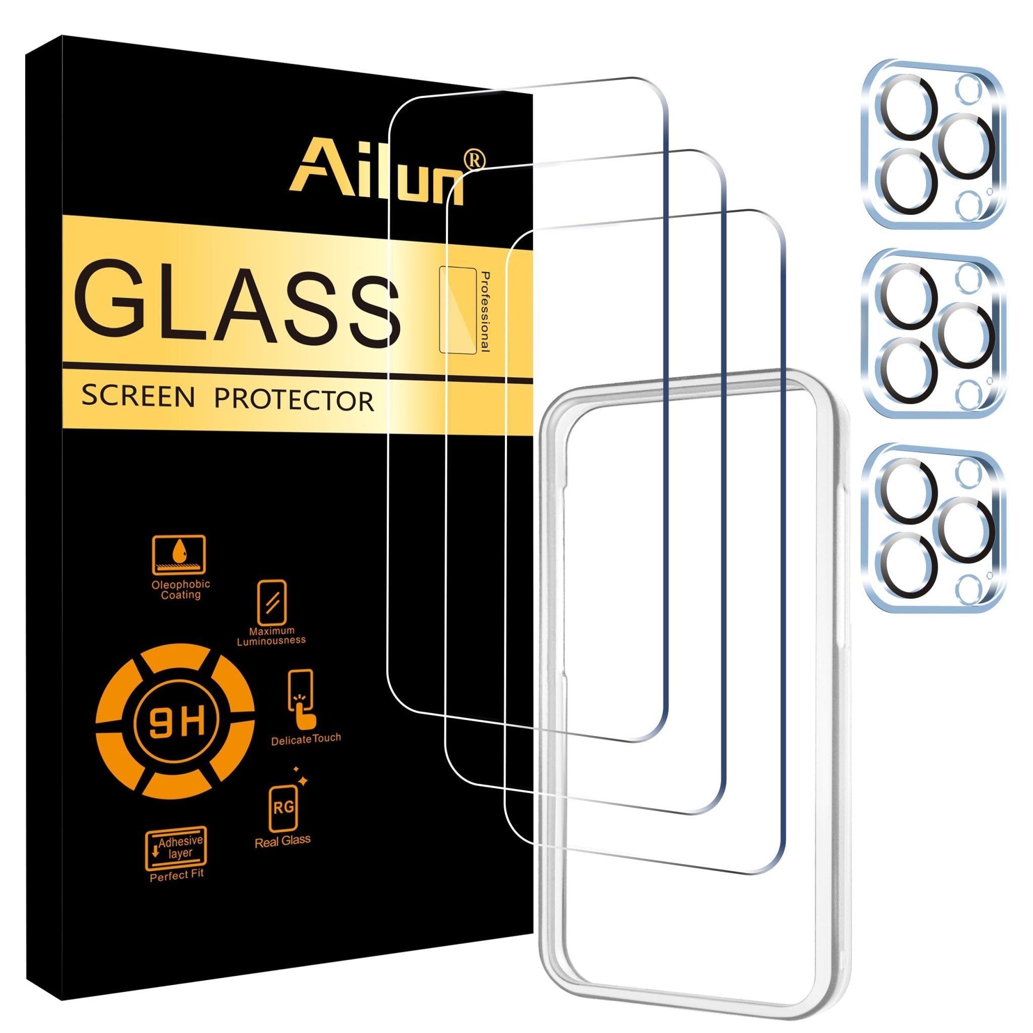 Ailun 3 Pack Screen Protector for iPhone 16 Pro Max [6.9 inch] + 3 Pack Camera Lens Protector with Installation Frame,Sensor Protection,Dynamic Island Compatible,Case Friendly Tempered Glass Film