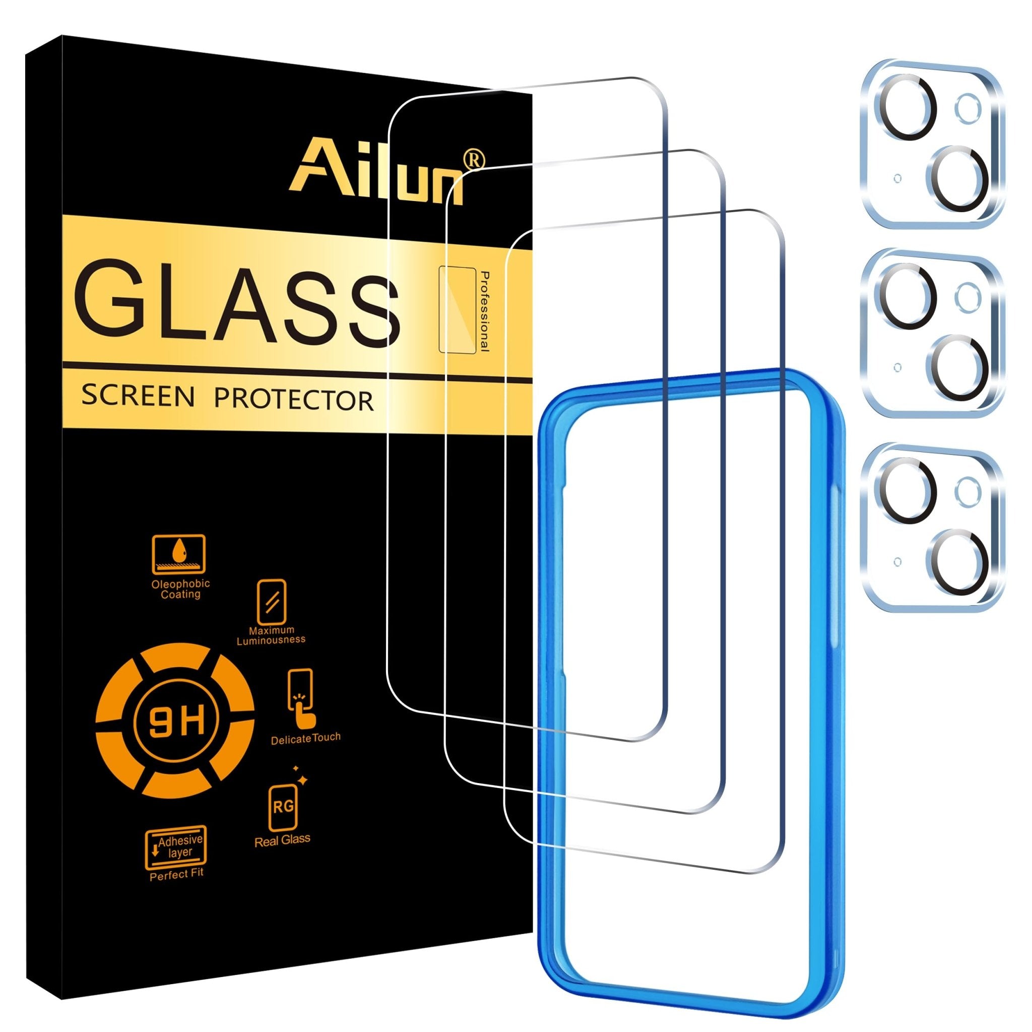 Ailun 3 Pack Screen Protector for iPhone 16 Pro Max [6.9 inch] + 3 Pack Camera Lens Protector with Installation Frame,Sensor Protection,Dynamic Island Compatible,Case Friendly Tempered Glass Film