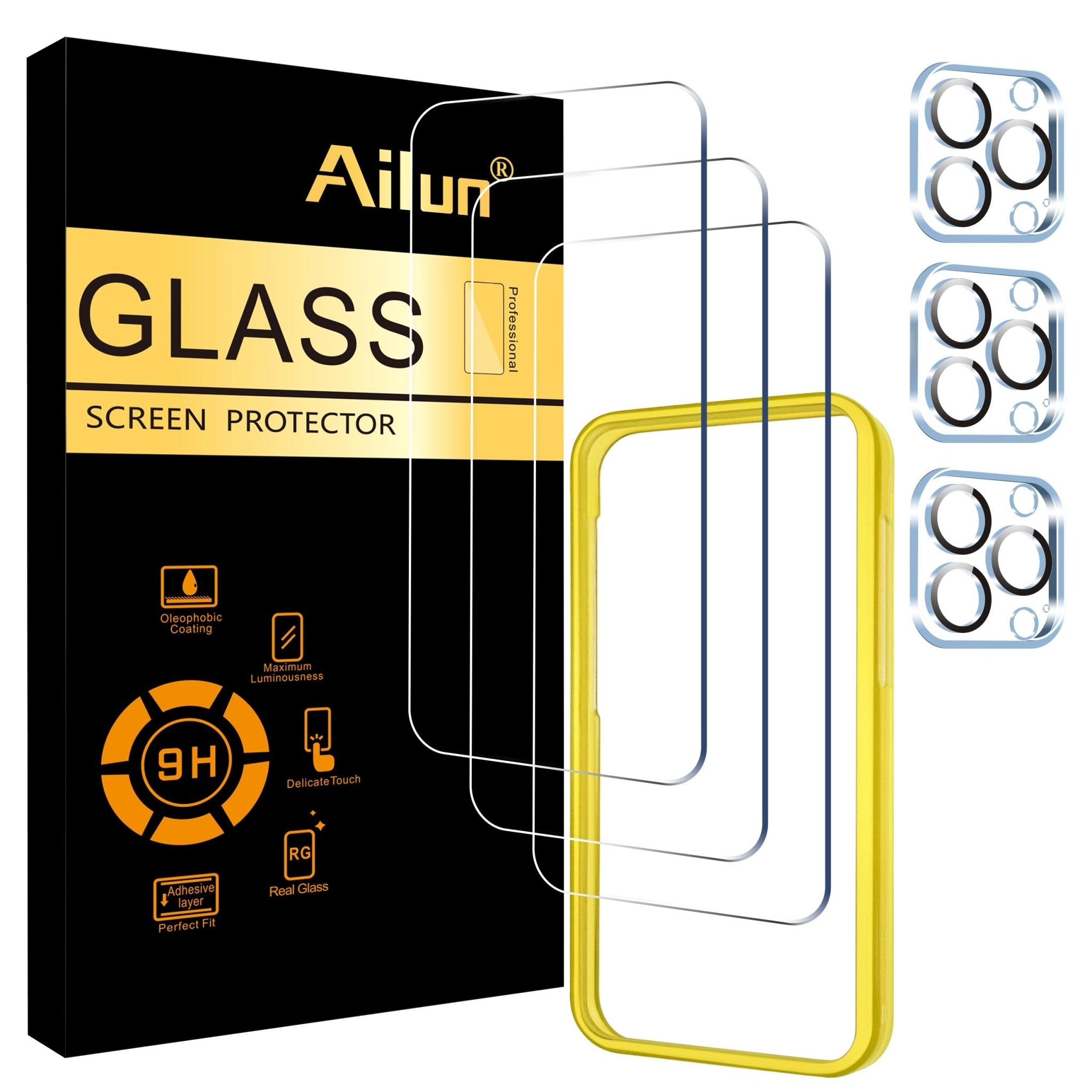 Ailun 3 Pack Screen Protector for iPhone 16 Pro Max [6.9 inch] + 3 Pack Camera Lens Protector with Installation Frame,Sensor Protection,Dynamic Island Compatible,Case Friendly Tempered Glass Film