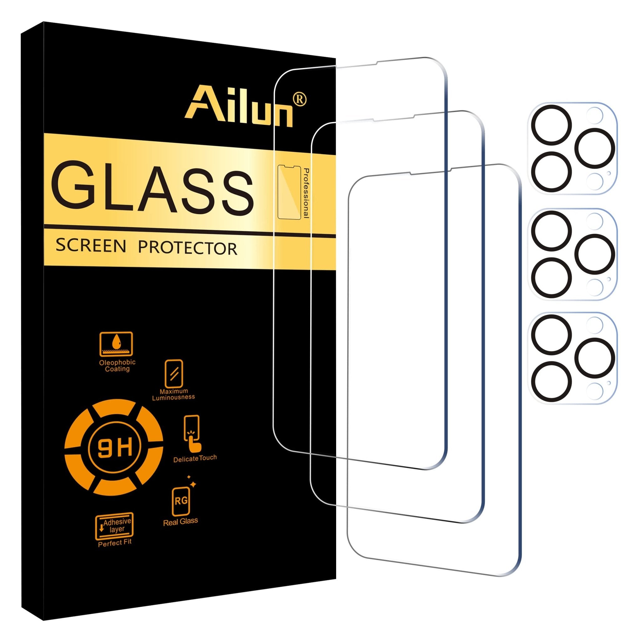 Ailun 3 Pack Screen Protector for iPhone 16 Pro Max [6.9 inch] + 3 Pack Camera Lens Protector with Installation Frame,Sensor Protection,Dynamic Island Compatible,Case Friendly Tempered Glass Film