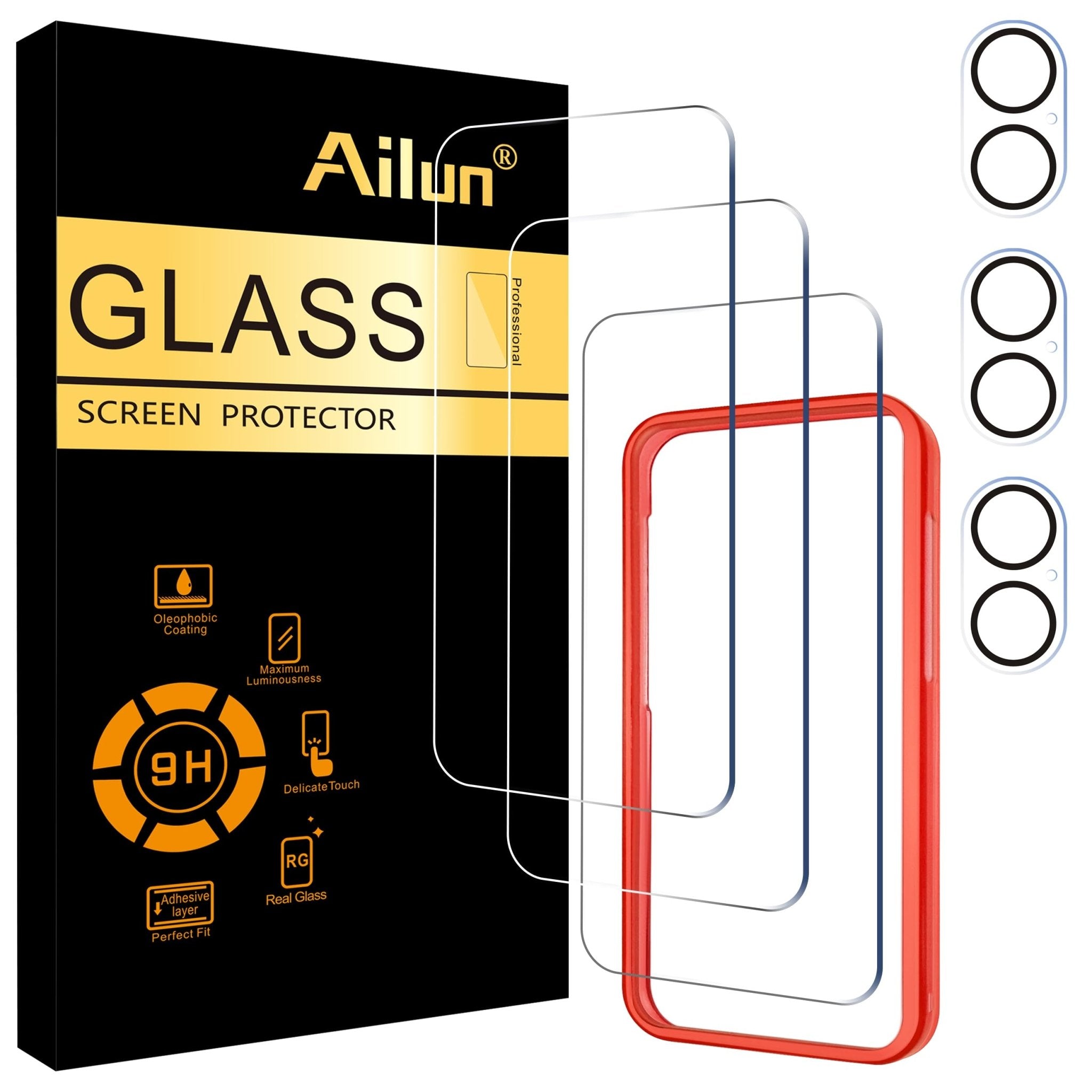 Ailun 3 Pack Screen Protector for iPhone 16 Pro Max [6.9 inch] + 3 Pack Camera Lens Protector with Installation Frame,Sensor Protection,Dynamic Island Compatible,Case Friendly Tempered Glass Film