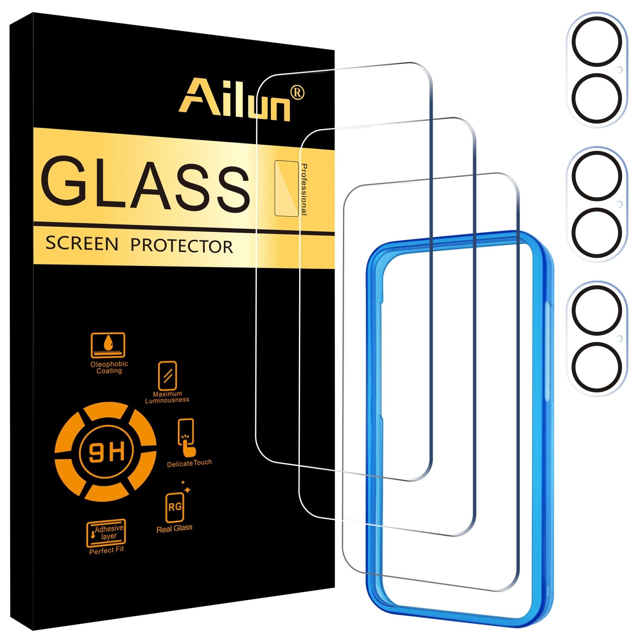 Ailun 3 Pack Screen Protector for iPhone 16 Pro Max [6.9 inch] + 3 Pack Camera Lens Protector with Installation Frame,Sensor Protection,Dynamic Island Compatible,Case Friendly Tempered Glass Film