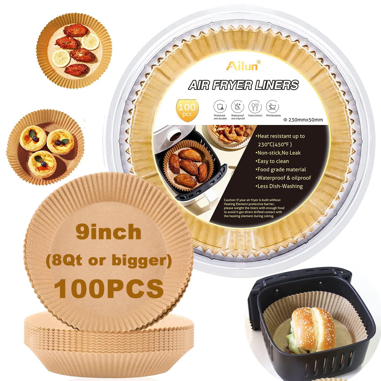 Ailun Air Fryer Paper Liners 8inch, 100PCS Non-Stick Parchment Paper,Oil Resistant,Disposable Food Grade Free of Bleach Paper Round for 5-8 QT Air Fryer Baking Roasting Microwave
