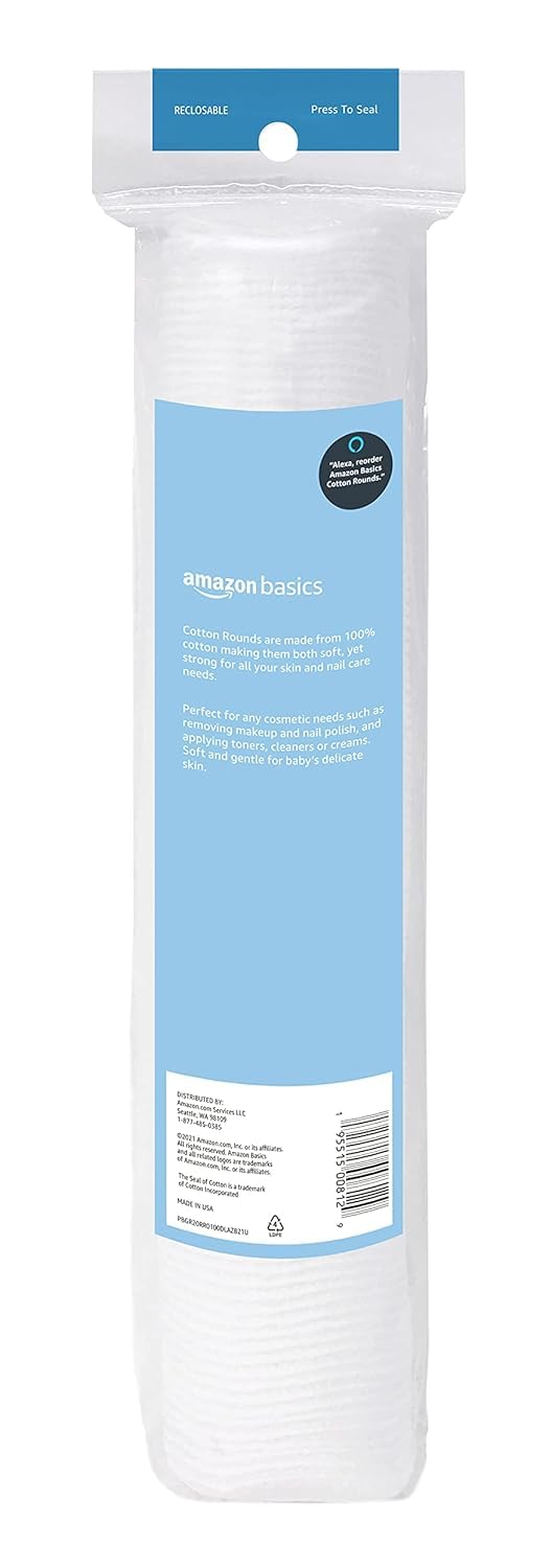 Amazon Basics Hypoallergenic 100% Cotton Rounds for Makeup Removal and Skincare, 100 Count, 1 Pack