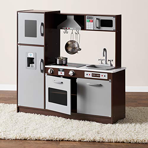 Amazon Basics Kids Corner Wooden Kitchen Toy Playset with Stove, Oven, Sink, Fridge and Accessories, for Toddlers, Preschoolers, Children Age 3+ Years, White & Gray, 39.37"L x 28.35"W x 35.04"H