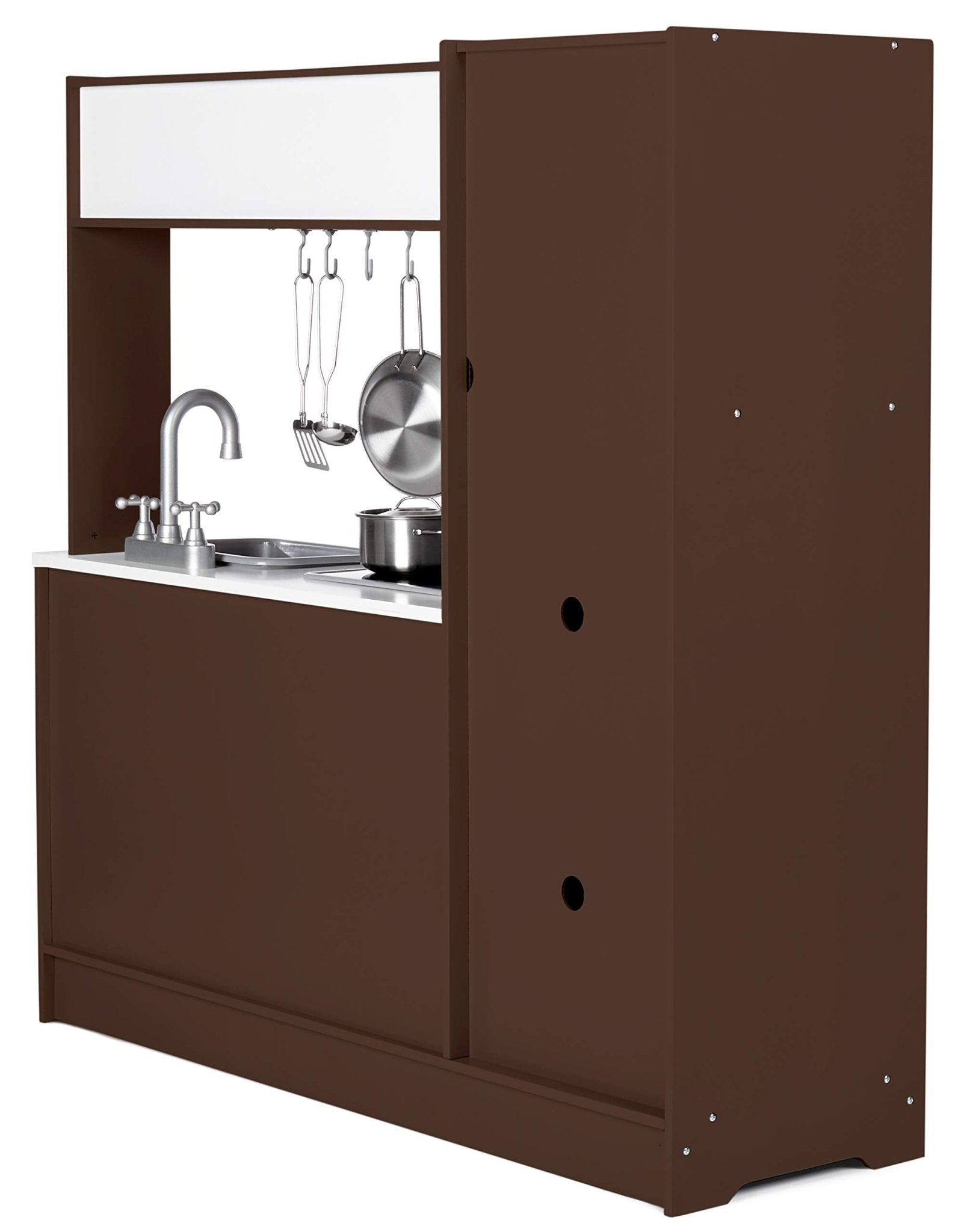 Amazon Basics Kids Corner Wooden Kitchen Toy Playset with Stove, Oven, Sink, Fridge and Accessories, for Toddlers, Preschoolers, Children Age 3+ Years, White & Gray, 39.37"L x 28.35"W x 35.04"H