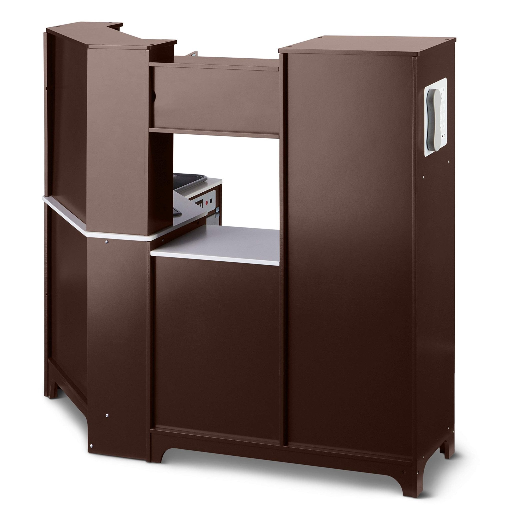 Amazon Basics Kids Corner Wooden Kitchen Toy Playset with Stove, Oven, Sink, Fridge and Accessories, for Toddlers, Preschoolers, Children Age 3+ Years, White & Gray, 39.37"L x 28.35"W x 35.04"H