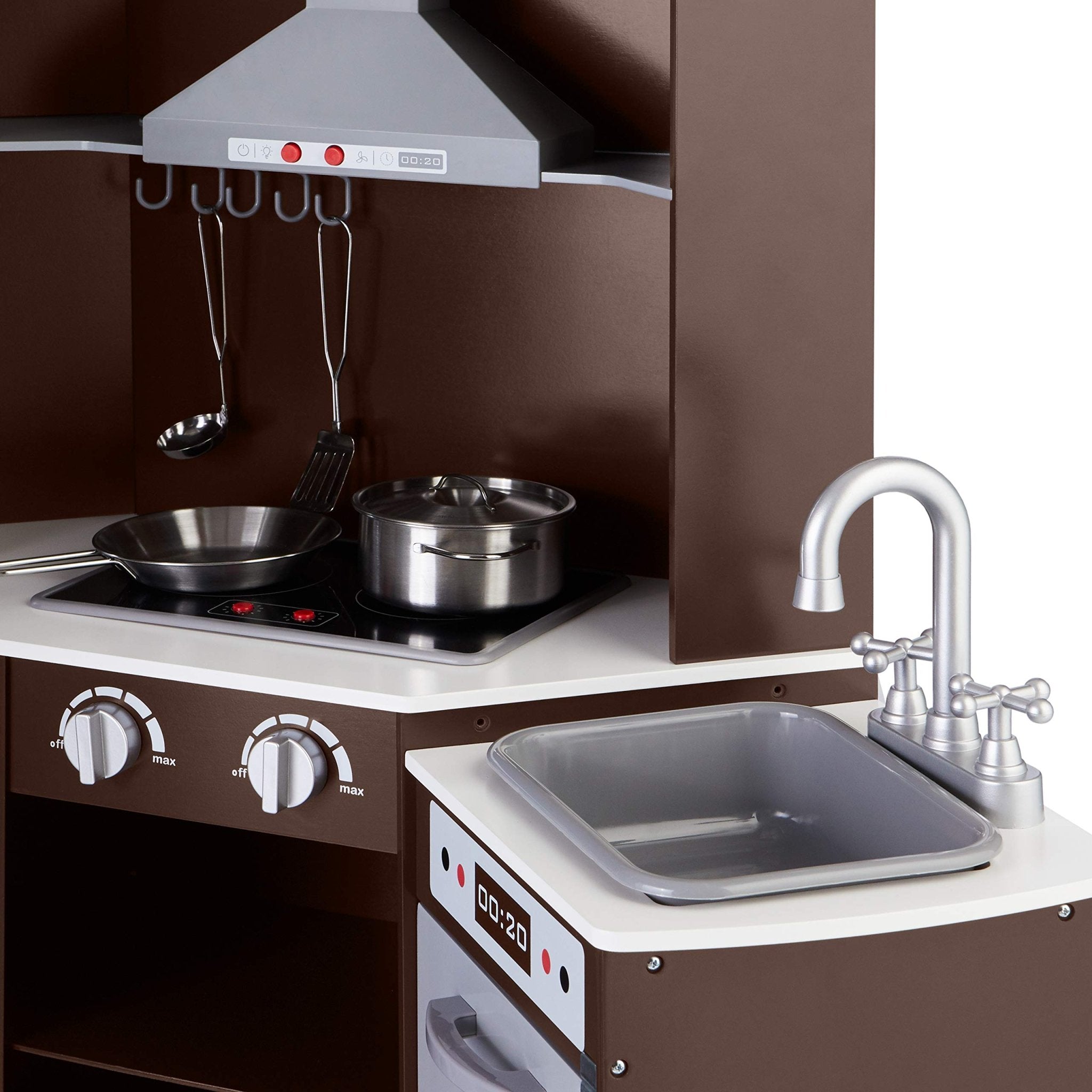 Amazon Basics Kids Corner Wooden Kitchen Toy Playset with Stove, Oven, Sink, Fridge and Accessories, for Toddlers, Preschoolers, Children Age 3+ Years, White & Gray, 39.37"L x 28.35"W x 35.04"H