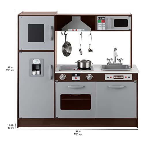 Amazon Basics Kids Corner Wooden Kitchen Toy Playset with Stove, Oven, Sink, Fridge and Accessories, for Toddlers, Preschoolers, Children Age 3+ Years, White & Gray, 39.37"L x 28.35"W x 35.04"H
