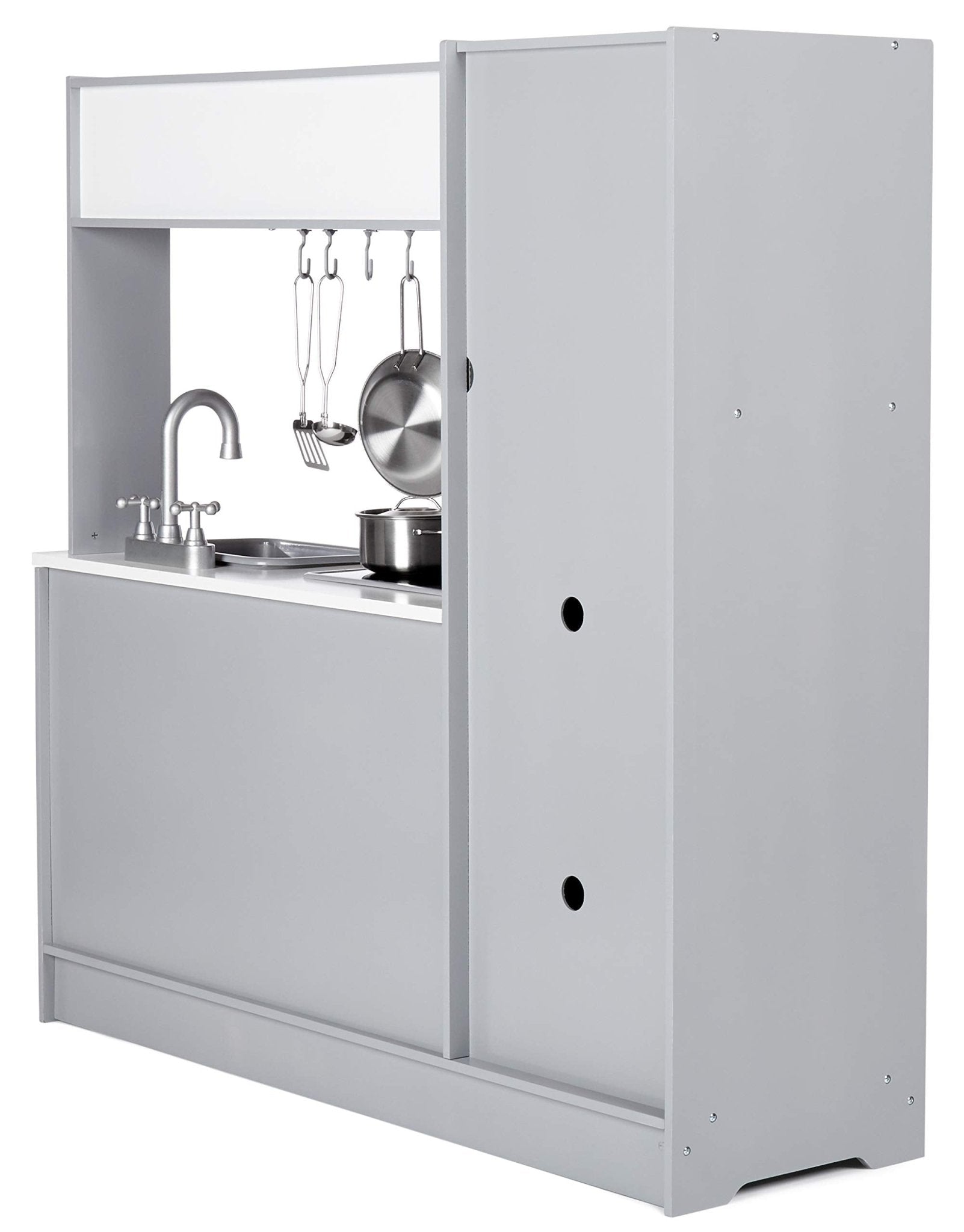 Amazon Basics Kids Corner Wooden Kitchen Toy Playset with Stove, Oven, Sink, Fridge and Accessories, for Toddlers, Preschoolers, Children Age 3+ Years, White & Gray, 39.37"L x 28.35"W x 35.04"H