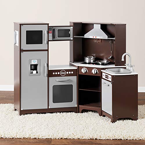 Amazon Basics Kids Corner Wooden Kitchen Toy Playset with Stove, Oven, Sink, Fridge and Accessories, for Toddlers, Preschoolers, Children Age 3+ Years, White & Gray, 39.37"L x 28.35"W x 35.04"H