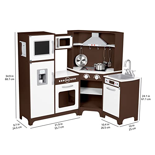 Amazon Basics Kids Corner Wooden Kitchen Toy Playset with Stove, Oven, Sink, Fridge and Accessories, for Toddlers, Preschoolers, Children Age 3+ Years, White & Gray, 39.37"L x 28.35"W x 35.04"H