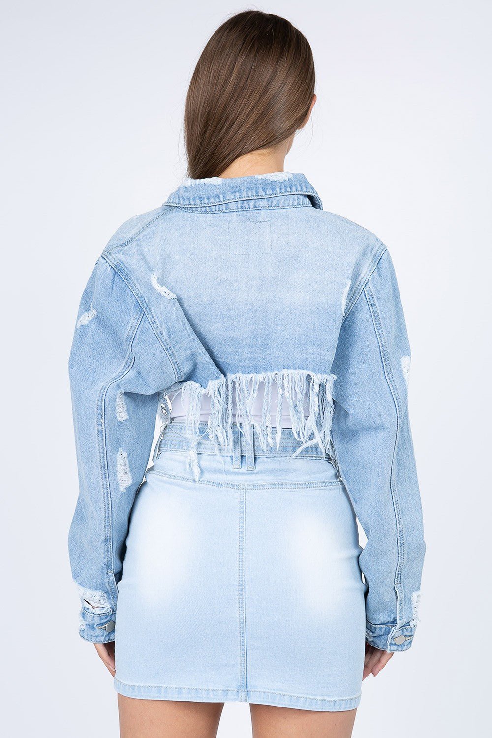 American Bazi Distressed Denim Jacket with Frayed Hem Women's Clothing Material composition: 100% cotton