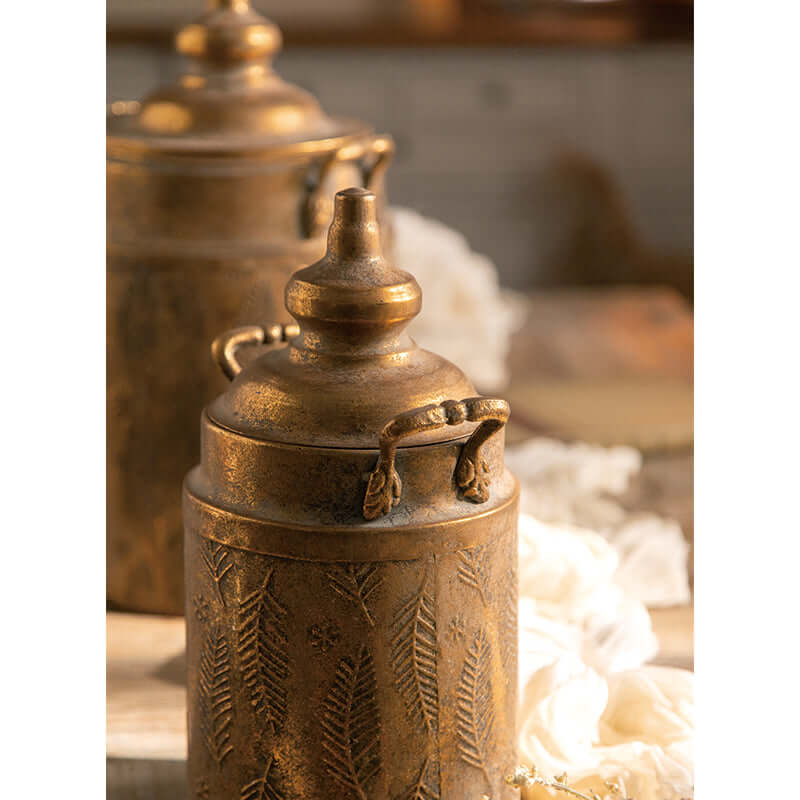 Antique Brass Embossed Storage Canisters with Lids