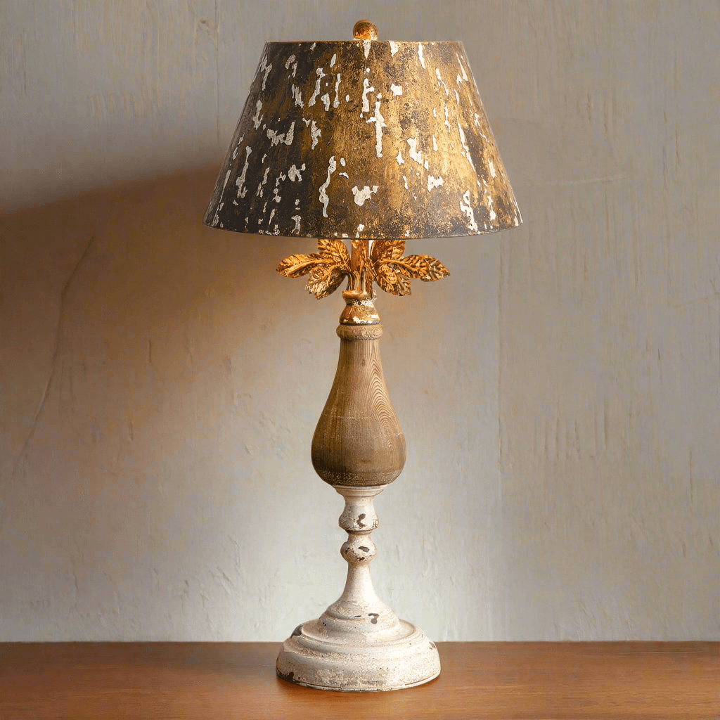 Antique Gold Table Lamp with Distressed Wood Base
