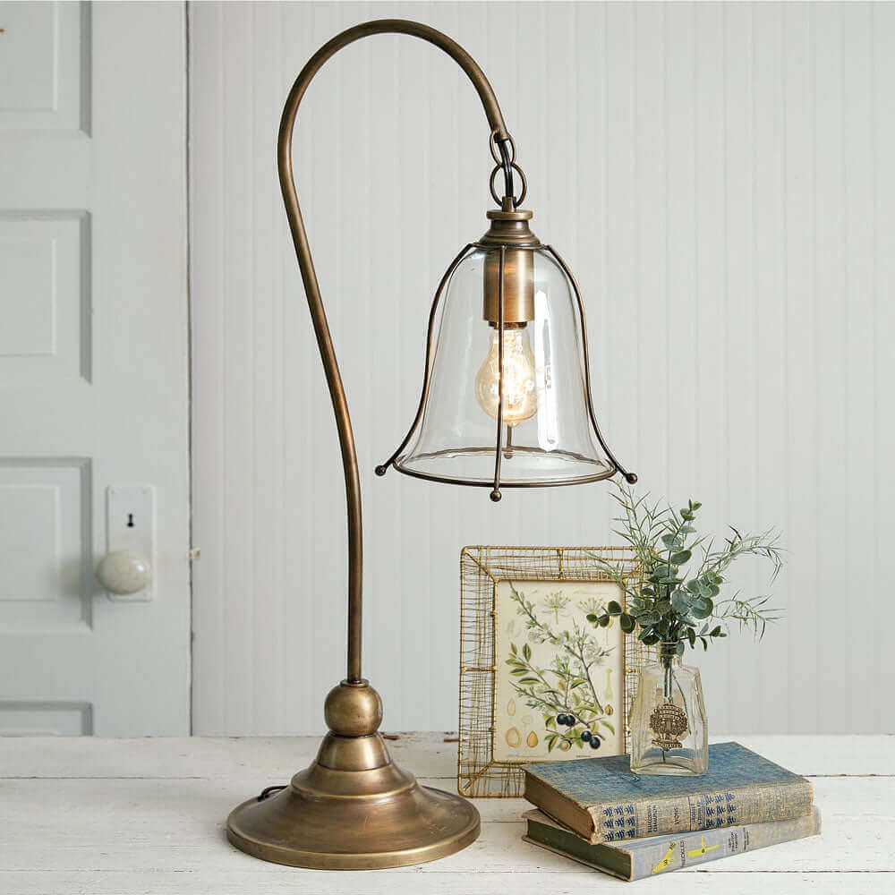 Vintage Brass Table Lamp with Glass Bell Shade