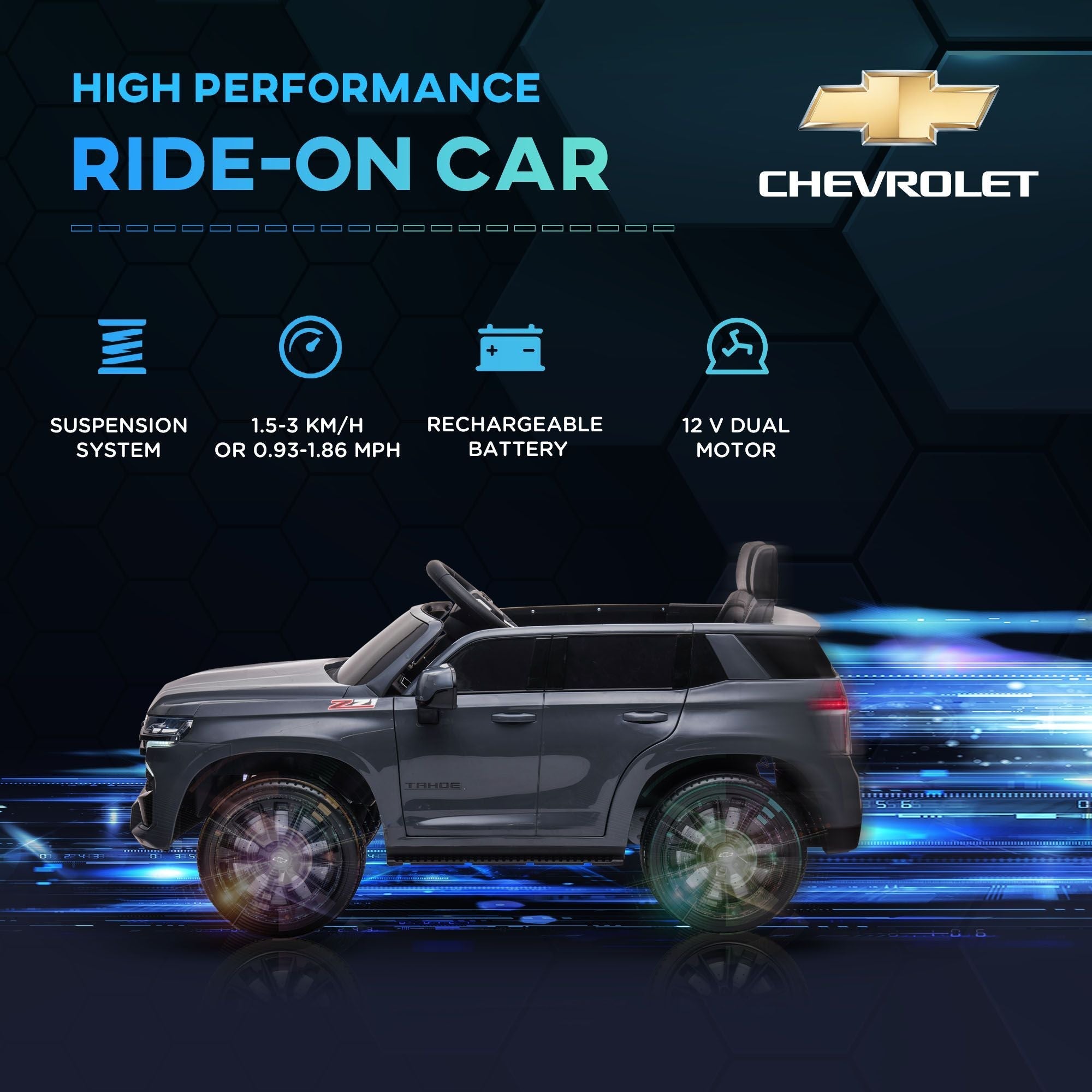 Aosom Chevrolet TAHOE Licensed Kids Ride on Car, 12V Battery Powered Kids Electric Car with Remote Control, Music, Lights, Horn, Suspension for 3-6 Years Old, Gray