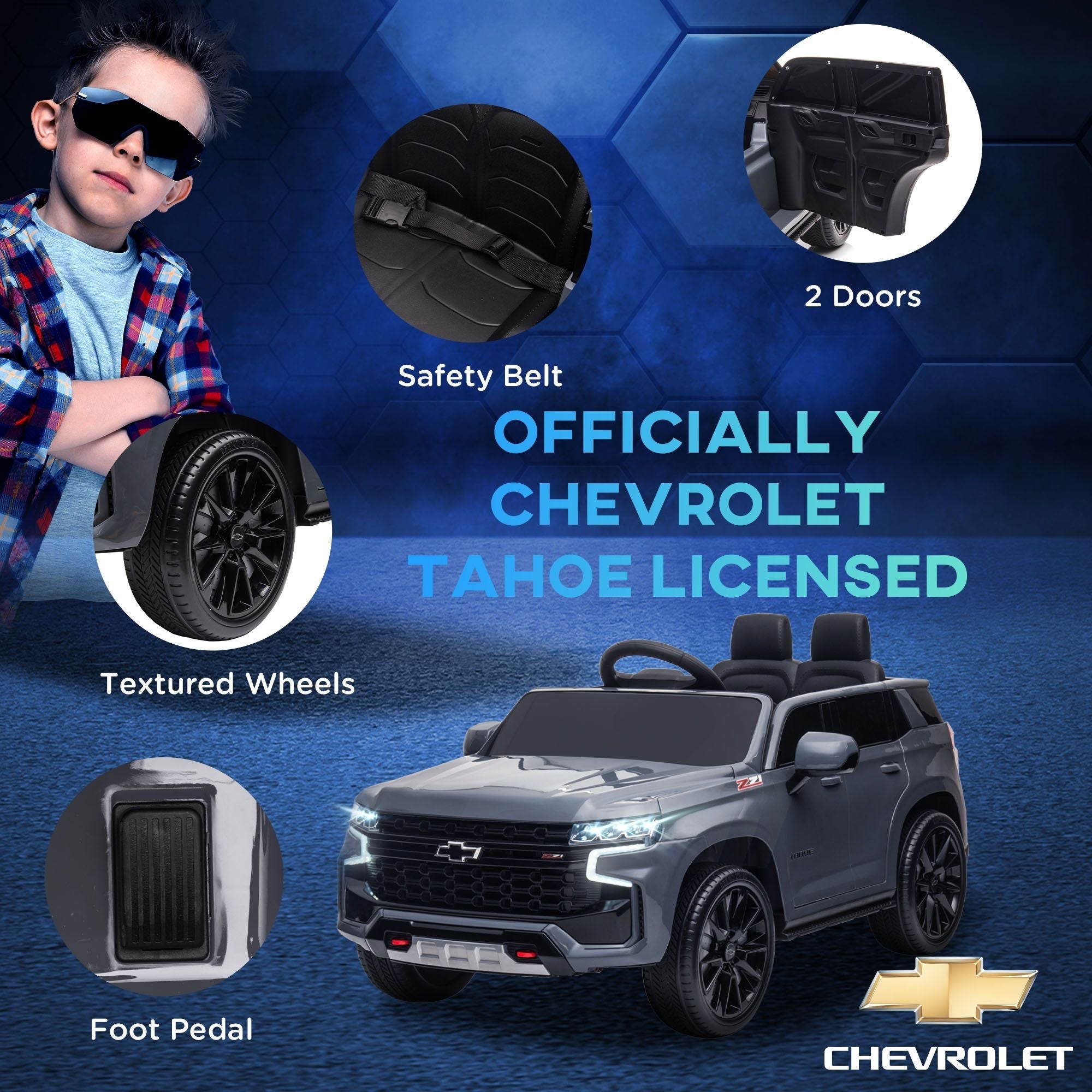 Aosom Chevrolet TAHOE Licensed Kids Ride on Car, 12V Battery Powered Kids Electric Car with Remote Control, Music, Lights, Horn, Suspension for 3-6 Years Old, Gray