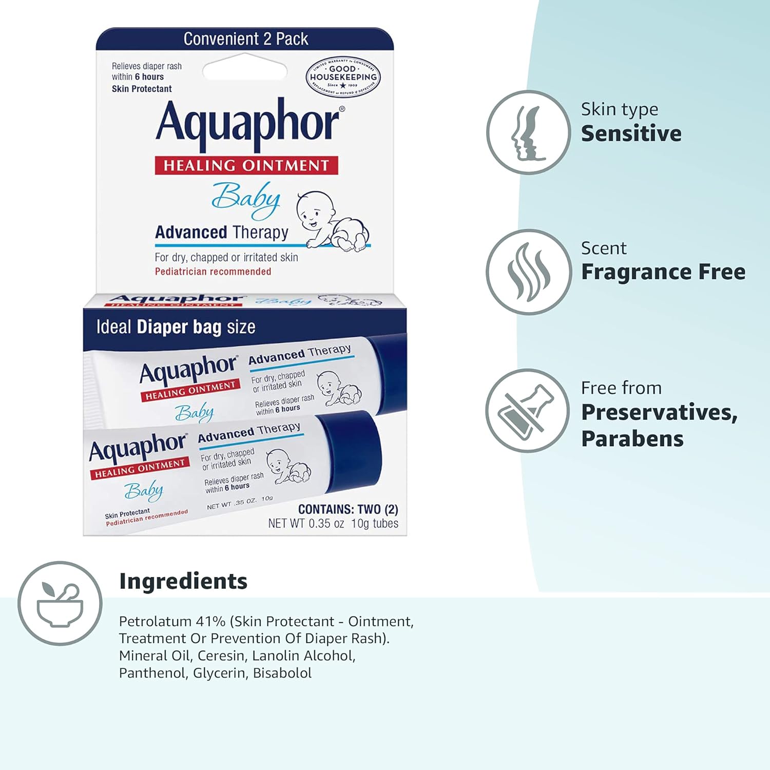 Aquaphor Baby Healing Ointment Advanced Therapy Skin Protectant for Chapped or Dry Skin, Drool Rash and Diaper Rash Ointment, Hypoallergenic Baby Essentials, Travel Size, 0.35 Oz Tube, Pack of 2