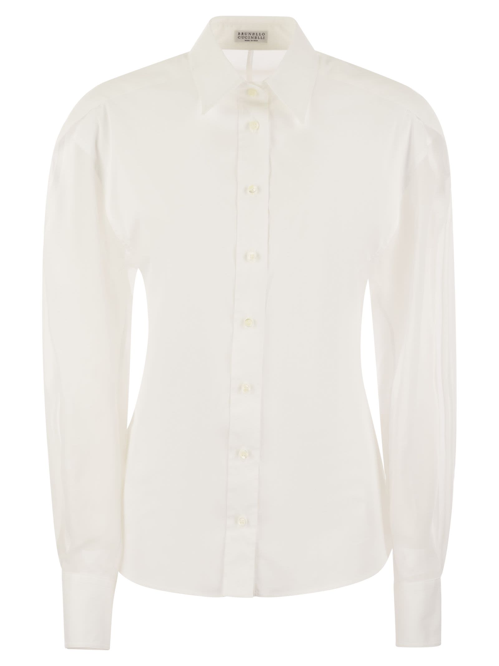 Brunello Cucinelli Women Stretch Cotton Poplin Shirt With Cotton Organza Sleeves And Necklace