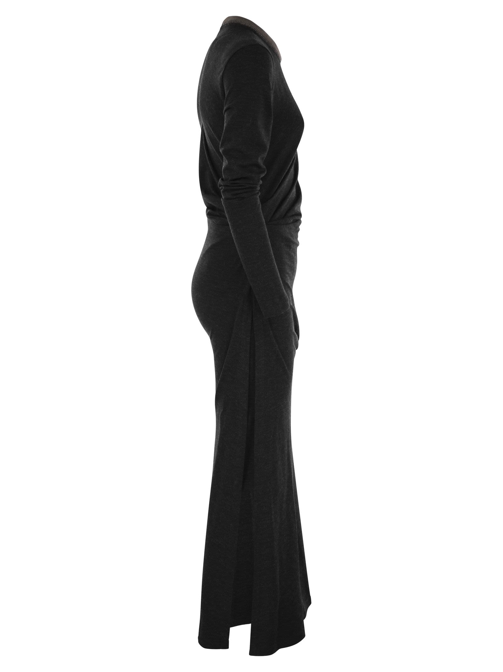 Brunello Cucinelli Women Draped Dress In Stretch Virgin Wool Jersey With Precious Collar