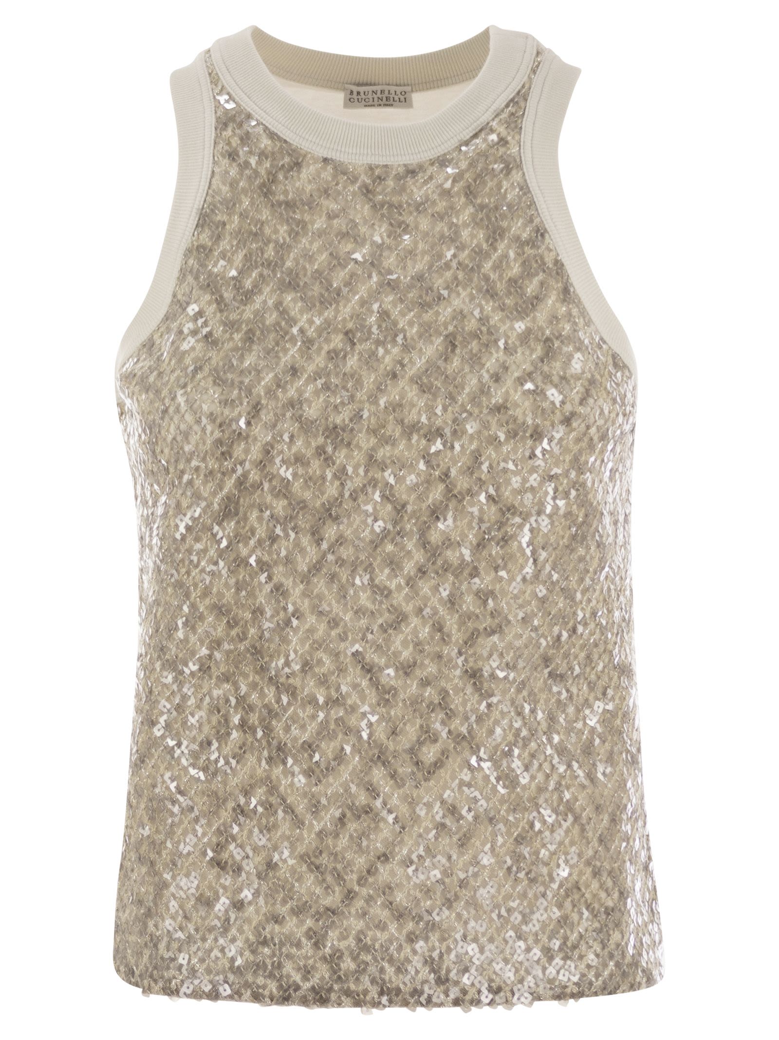 Brunello Cucinelli Women Stretch Cotton Jersey Top With Dazzling Net Embroidery