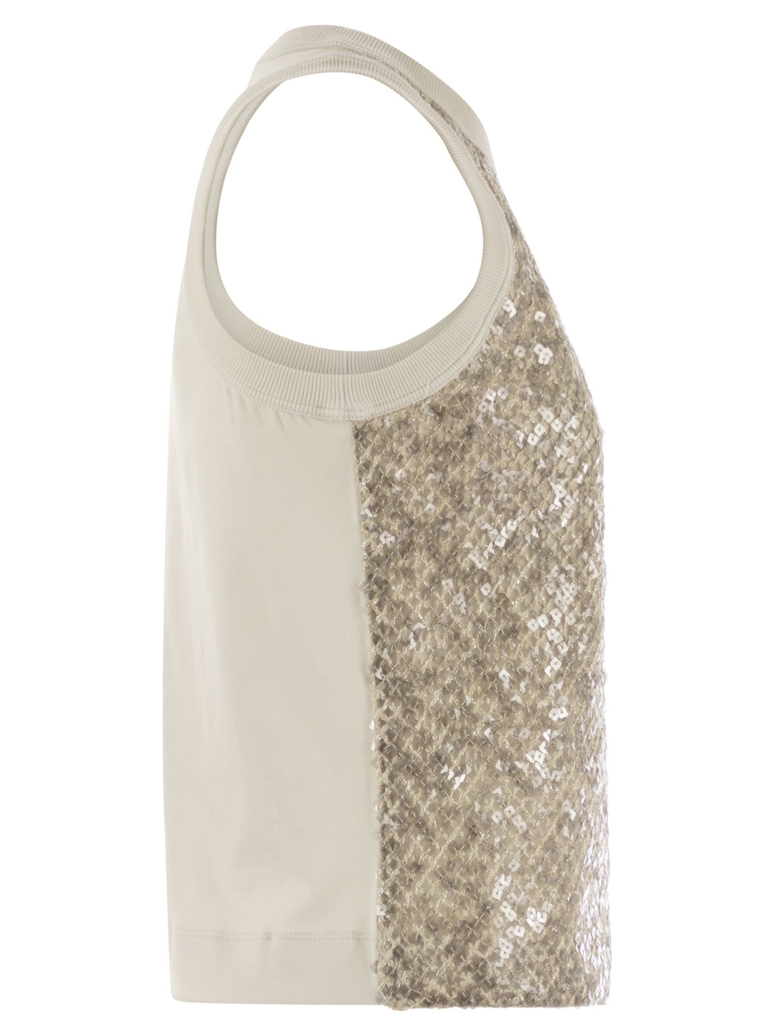 Brunello Cucinelli Women Stretch Cotton Jersey Top With Dazzling Net Embroidery