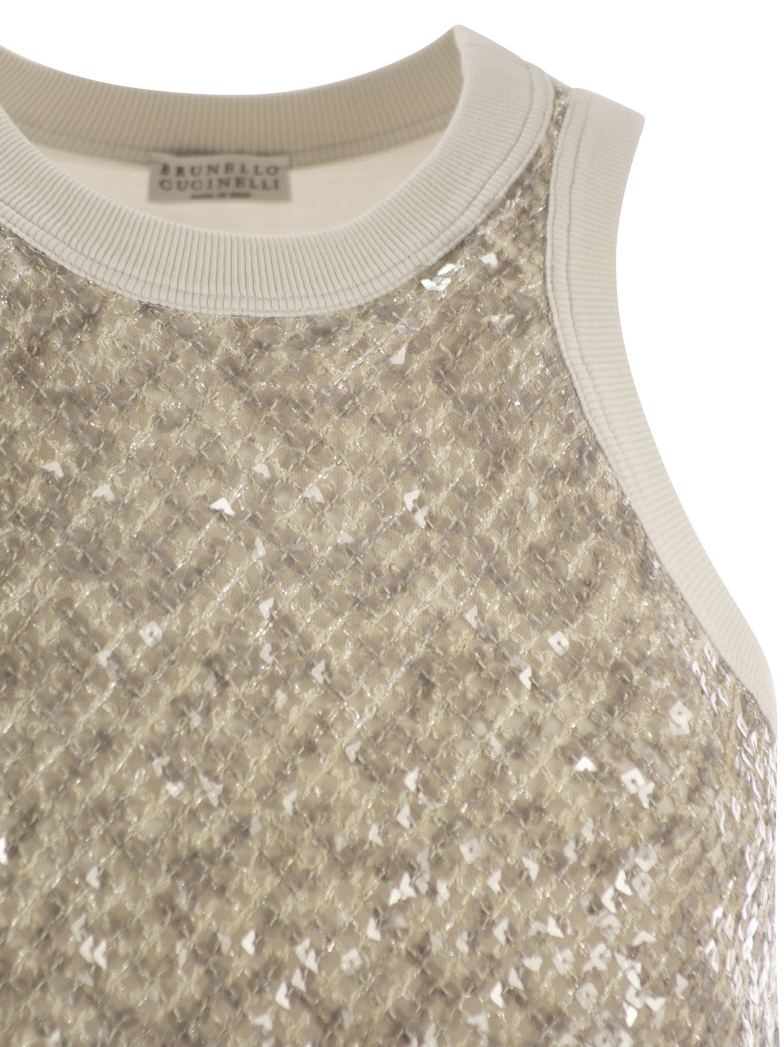 Brunello Cucinelli Women Stretch Cotton Jersey Top With Dazzling Net Embroidery